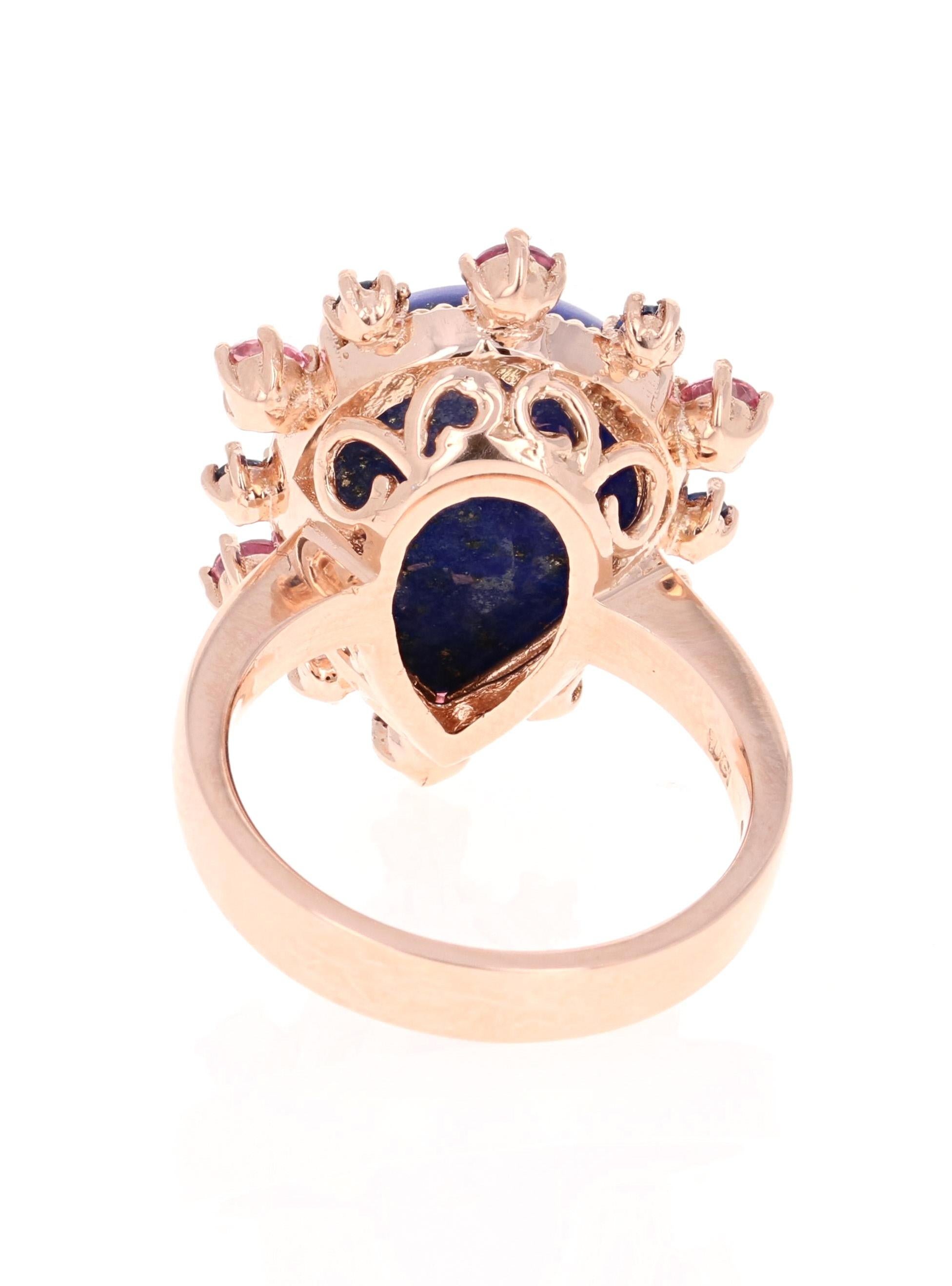 9.04 Carat Lapis Lazuli Tourmaline and Sapphire Cocktail Rose Gold Ring In New Condition For Sale In Los Angeles, CA