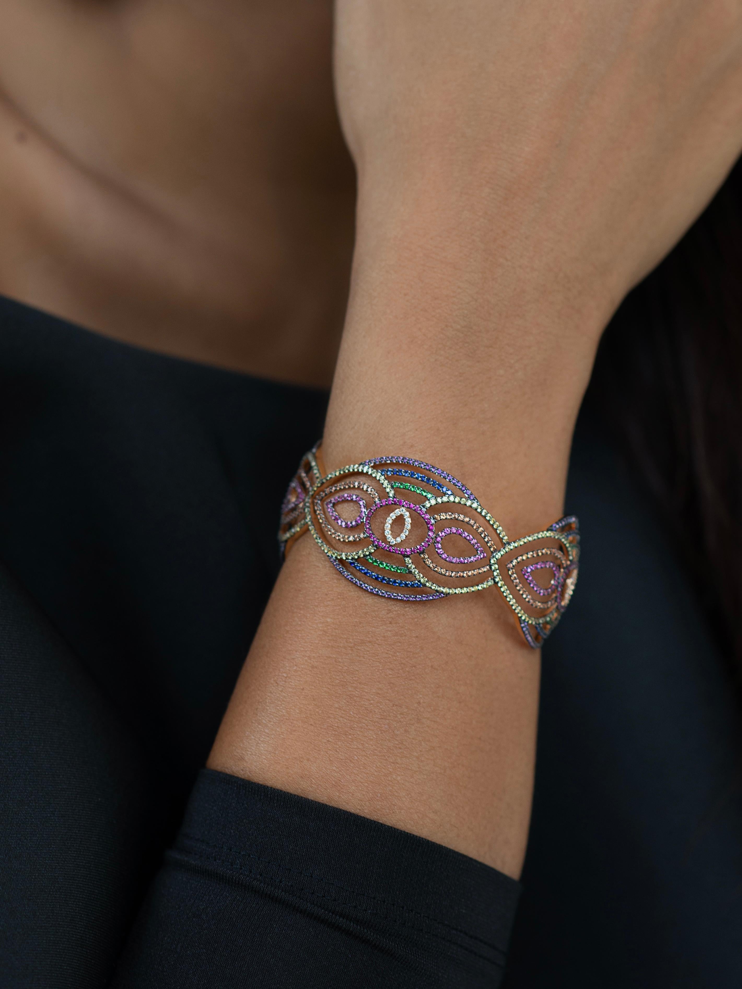 Art Déco Bracciale con zaffiro multicolore, rubino e tsavorite da 9,05 carati in oro rosa 18 carati in vendita