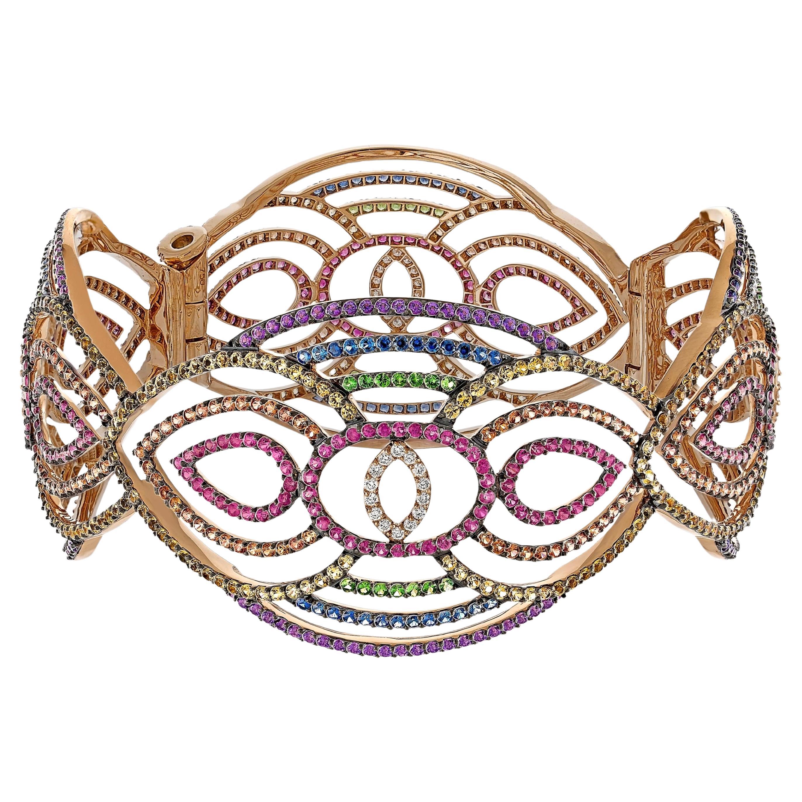 Manchette en or rose 18 carats avec saphirs multicolores, rubis et tsavorites de 9,05 carats