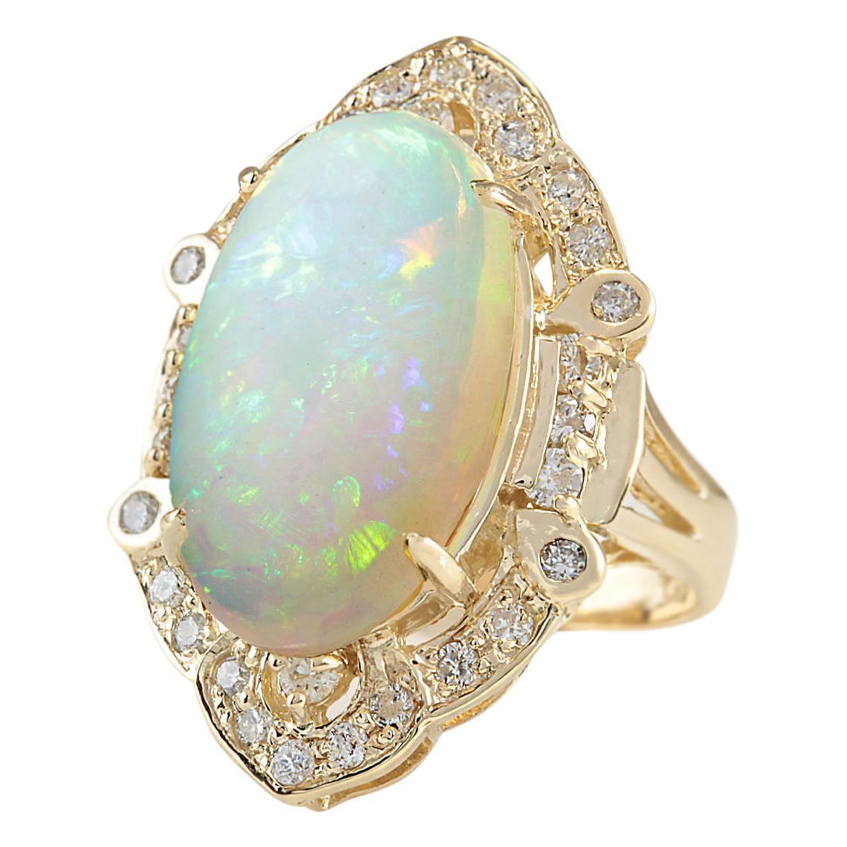 Stamped: 14K Yellow Gold
Total Ring Weight: 10.0 Grams
Total Natural Opal Weight is 8.25 Carat (Measures: 18.00x13.00 mm)
Color: Multicolor
Diamond Weight: Total Natural Diamond Weight is 0.80 Carat
Color: F-G, Clarity: VS2-SI1
Face Measures: