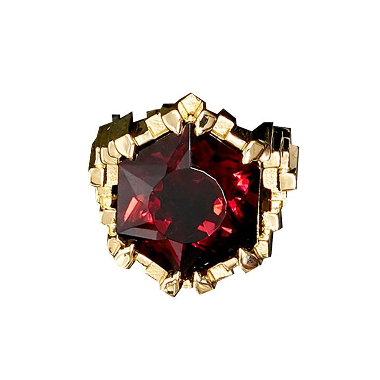 This modern British-London Hallmarked 18 karat yellow gold ring, set with rare hexagon cut 9.05 carat vivid red tourmaline is from MAIKO NAGAYAMA's Haute Couture Collection called 