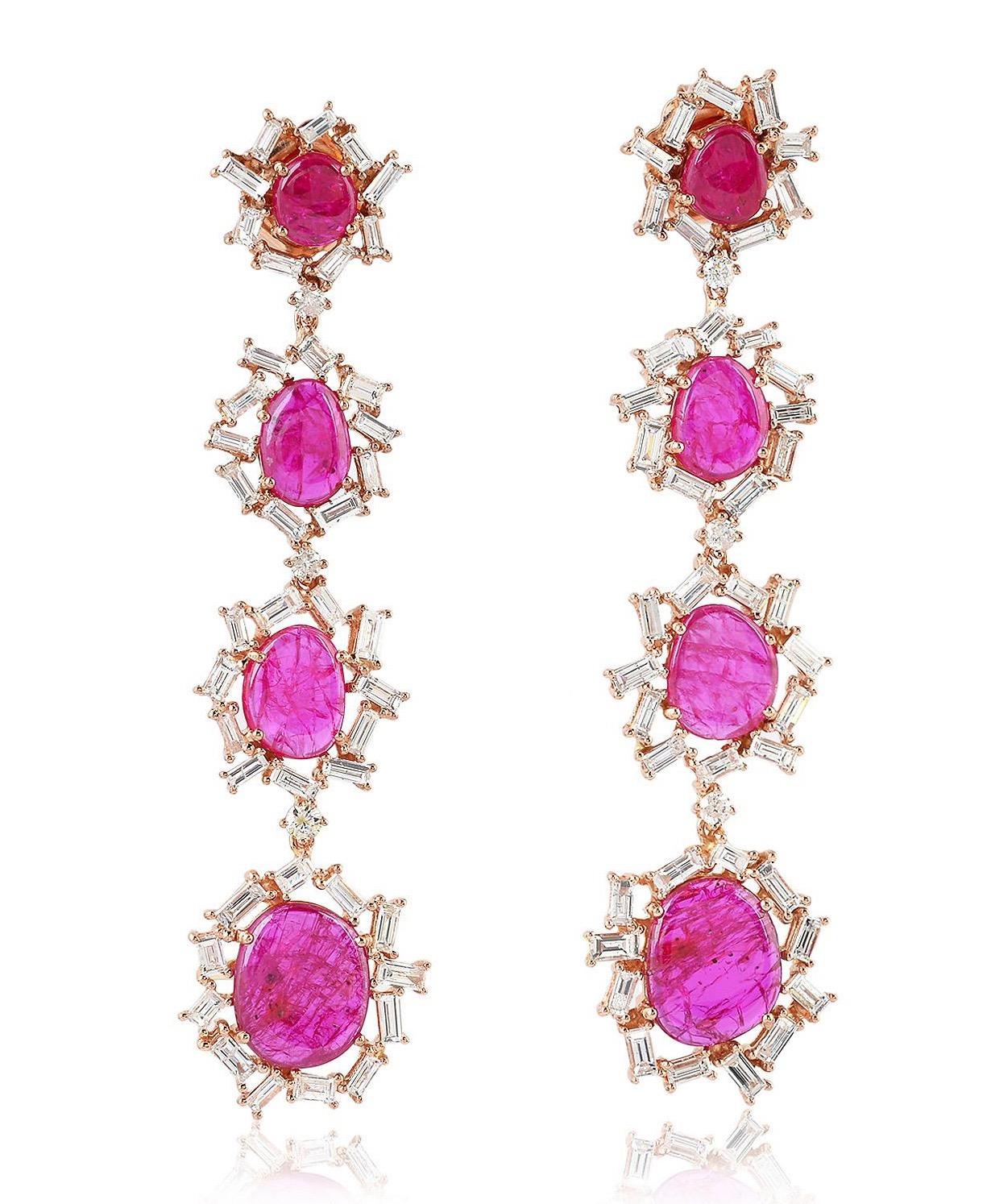 Round Cut 9.05 Carat Ruby Baguette Diamond 18 Karat Gold Earrings For Sale