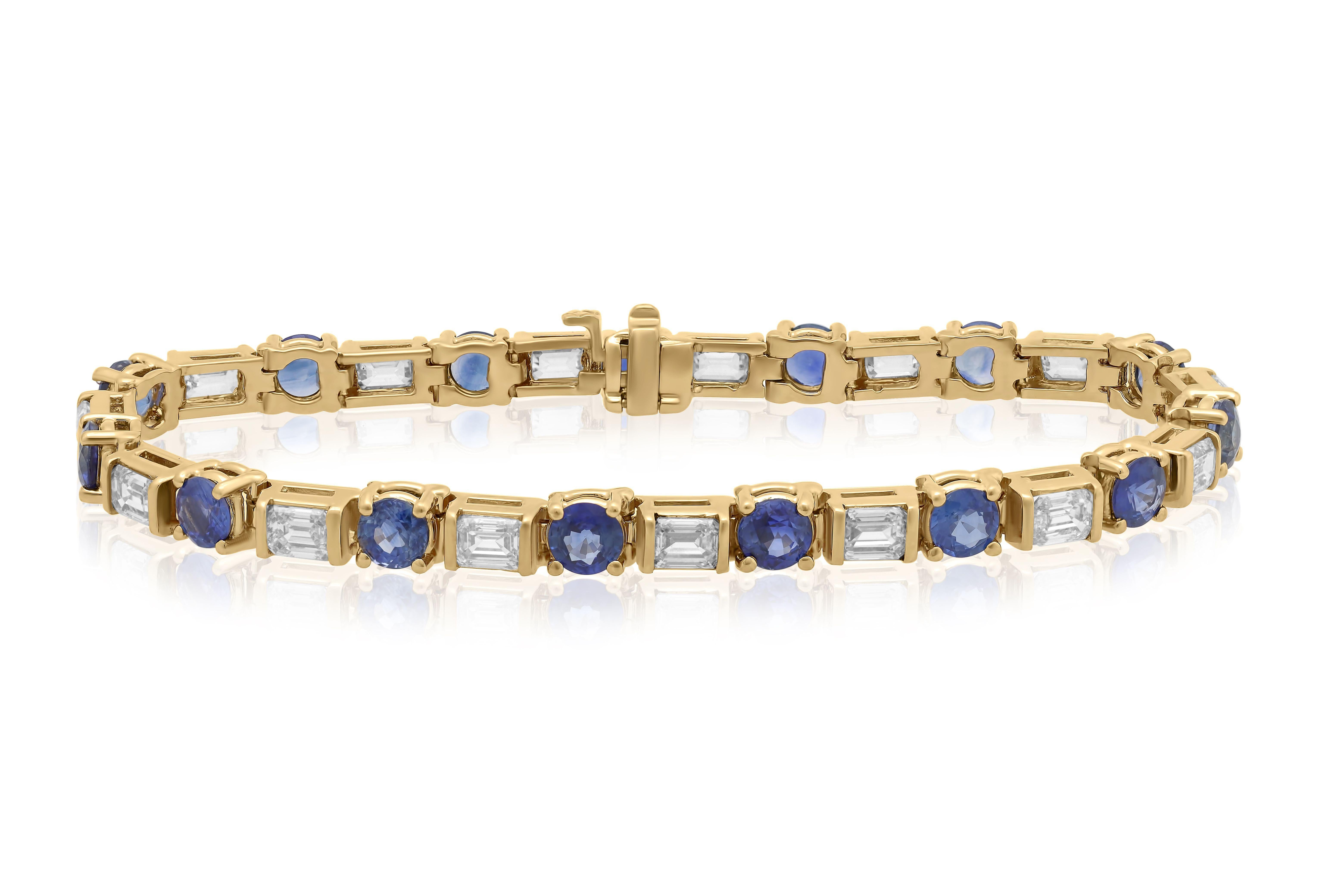 Round Cut Diana M. 9.05 Carat Sapphire and Diamond Eternity Bracelet in Yellow Gold For Sale