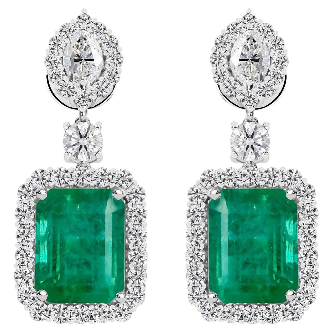 9.05 Carat Zambian Emerald 2.27 Carat Diamond 18K White Gold Drop Earrings