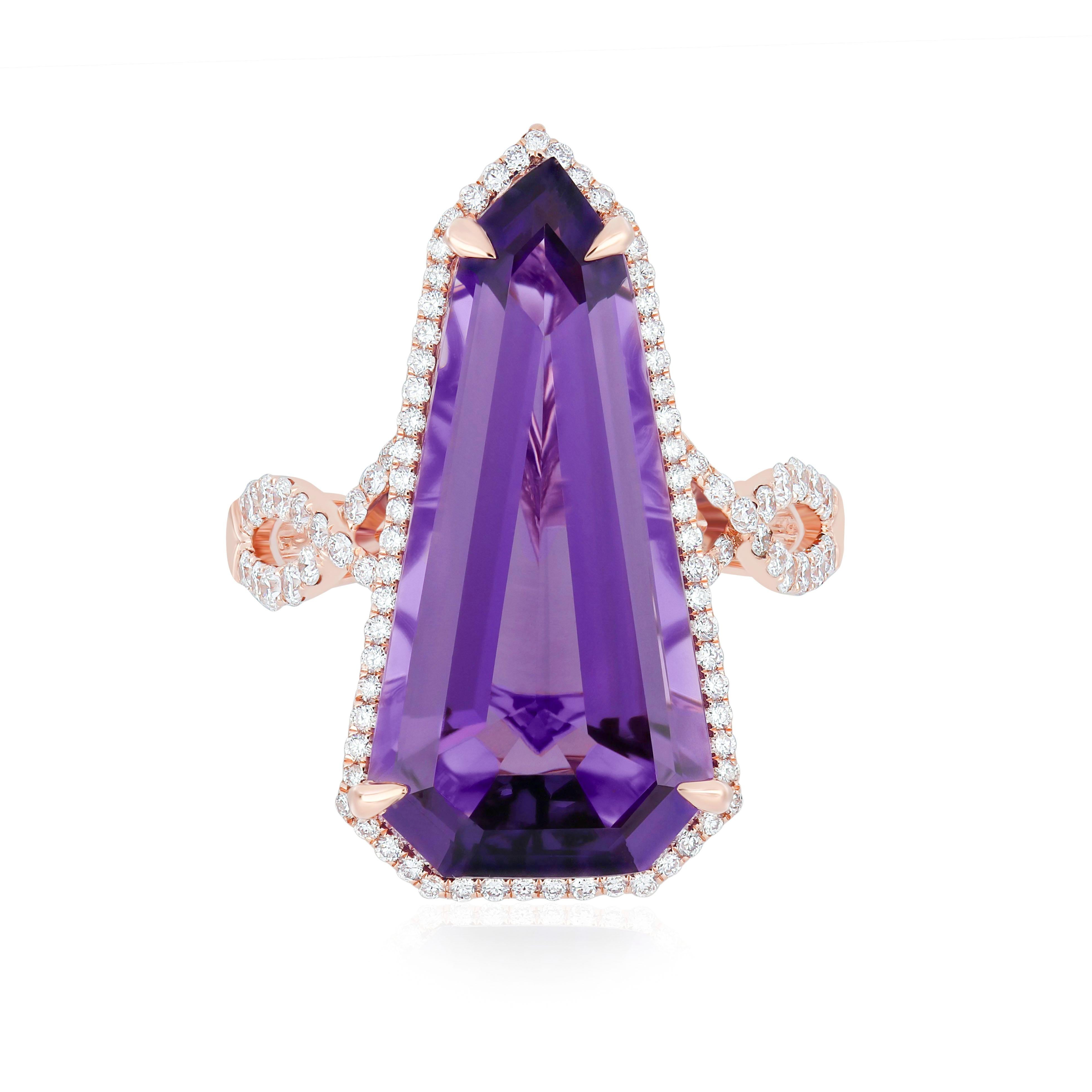 For Sale:  9.05Ct's Elongated Amethyst & Diamond 14k Rose Gold HandCraft Wedding Wear Ring 5