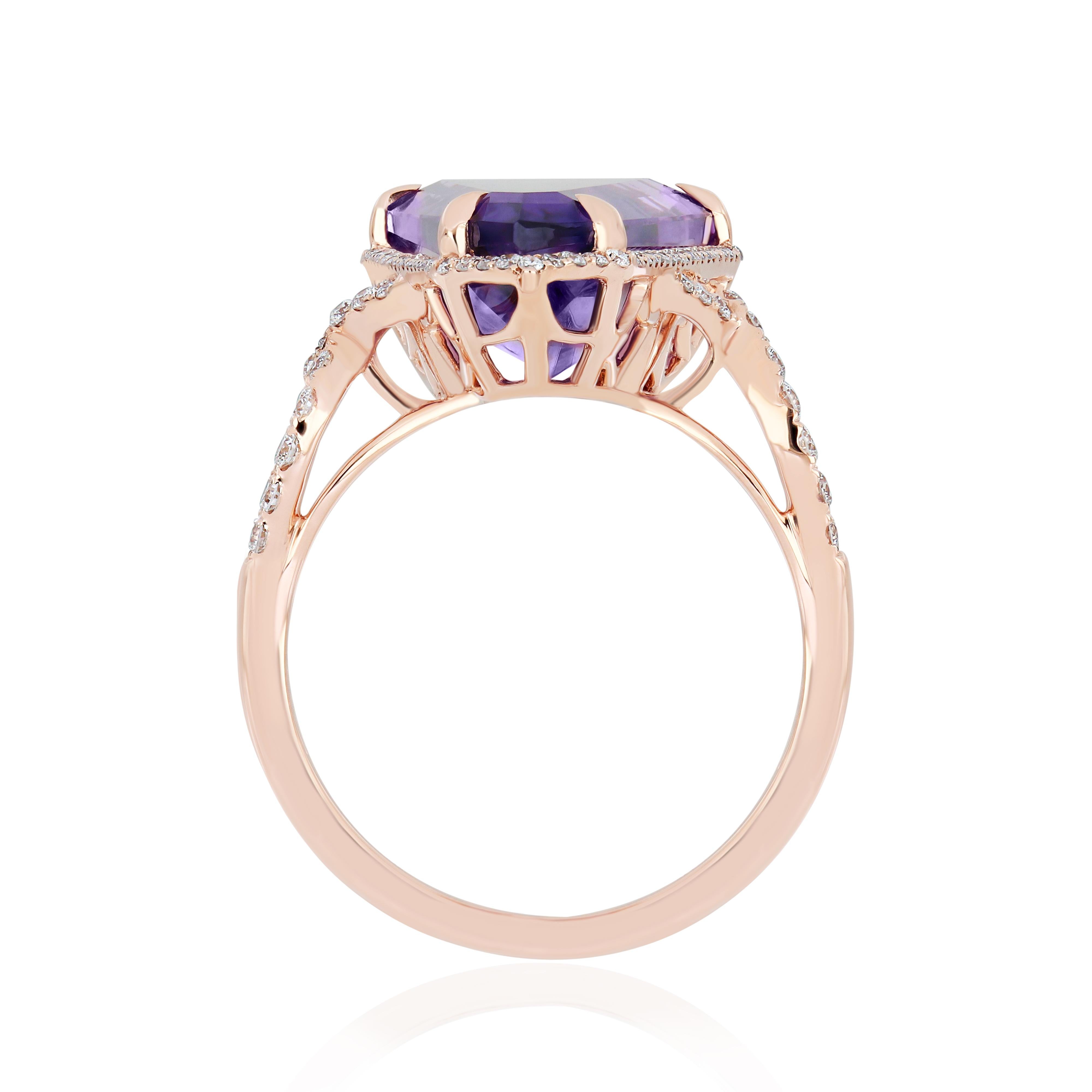 For Sale:  9.05Ct's Elongated Amethyst & Diamond 14k Rose Gold HandCraft Wedding Wear Ring 6