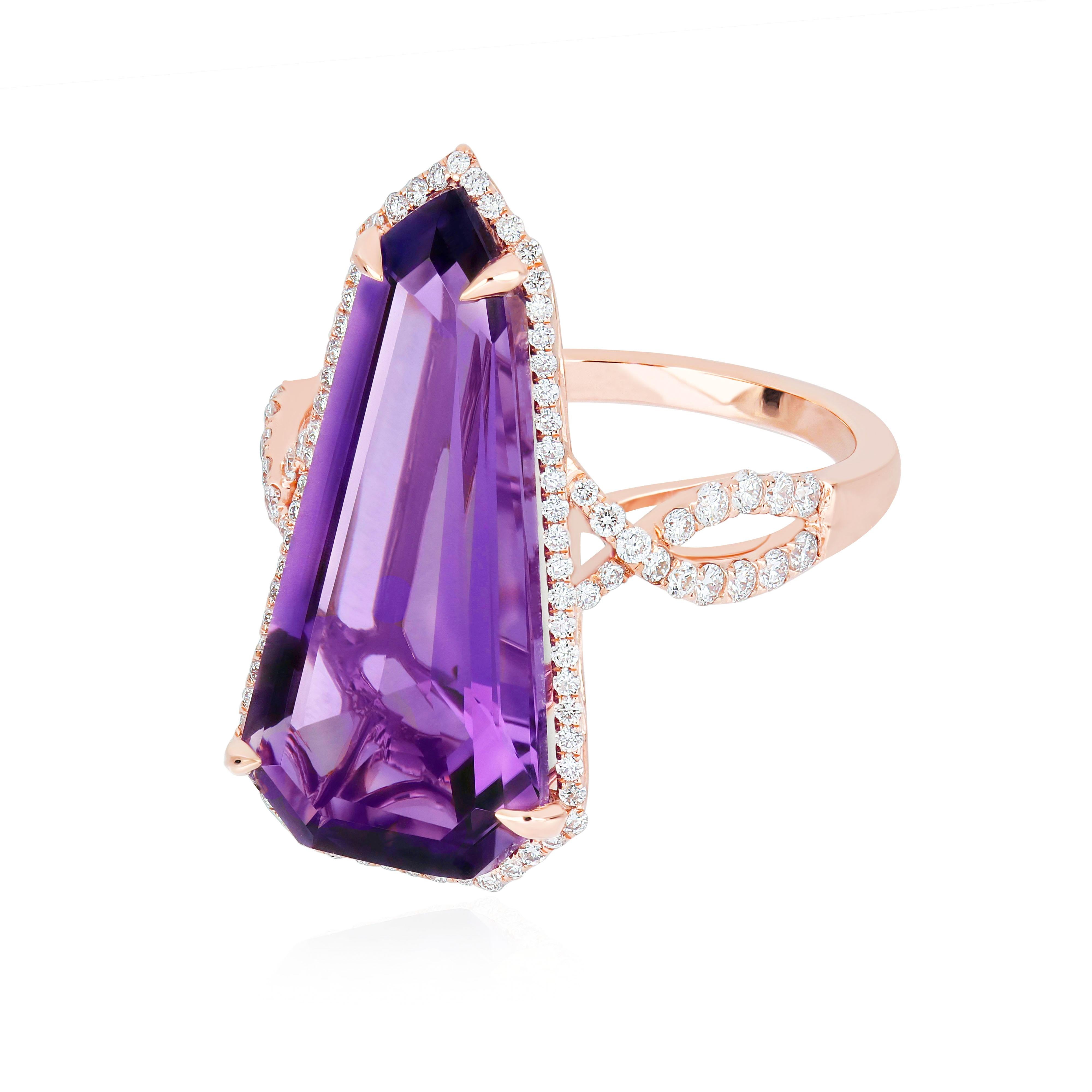 For Sale:  9.05Ct's Elongated Amethyst & Diamond 14k Rose Gold HandCraft Wedding Wear Ring 9