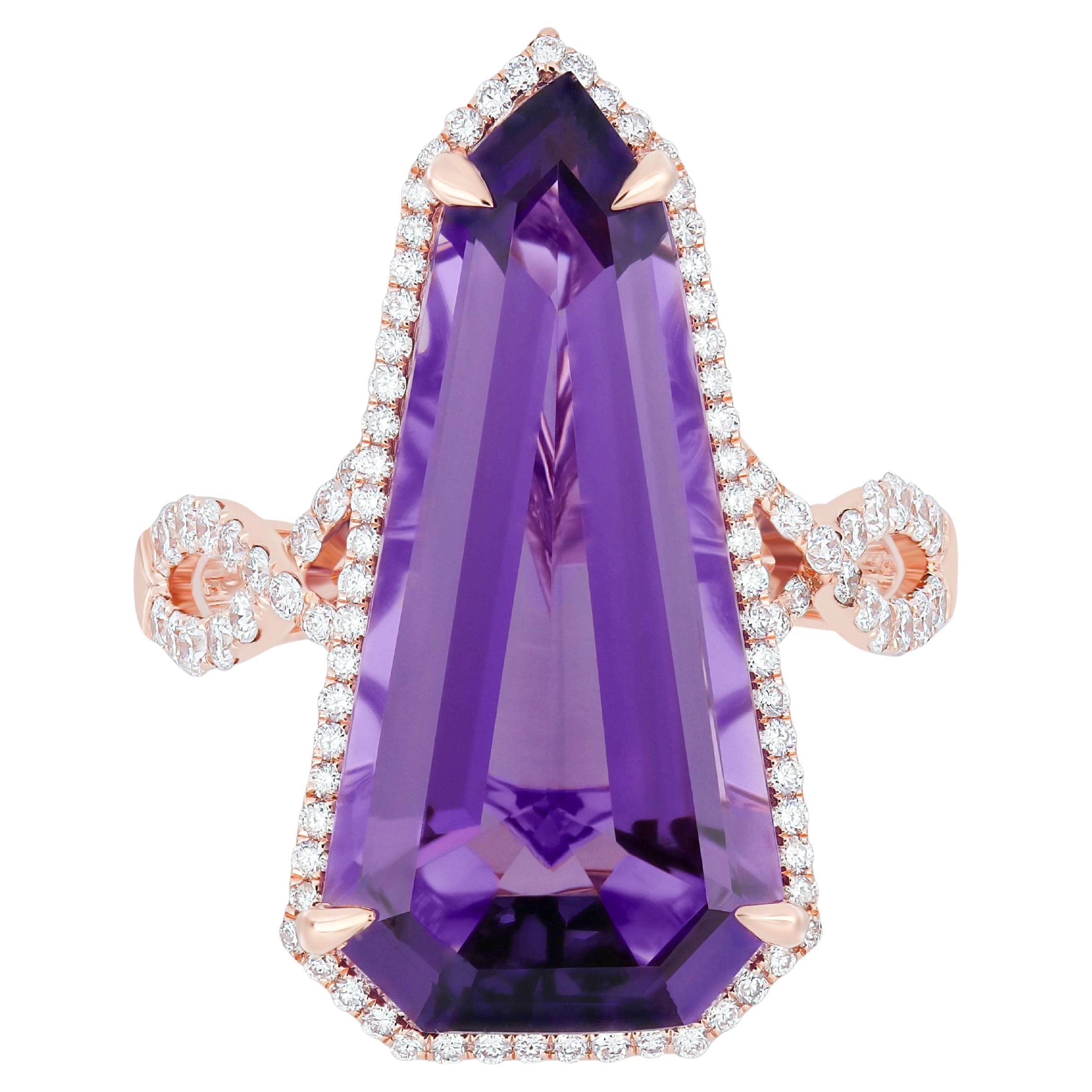 For Sale:  9.05Ct's Elongated Amethyst & Diamond 14k Rose Gold HandCraft Wedding Wear Ring