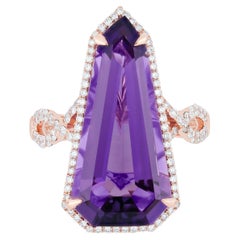 9,05 Karat länglicher Amethyst & Diamant 14k Roségold Handgefertigter Ehering
