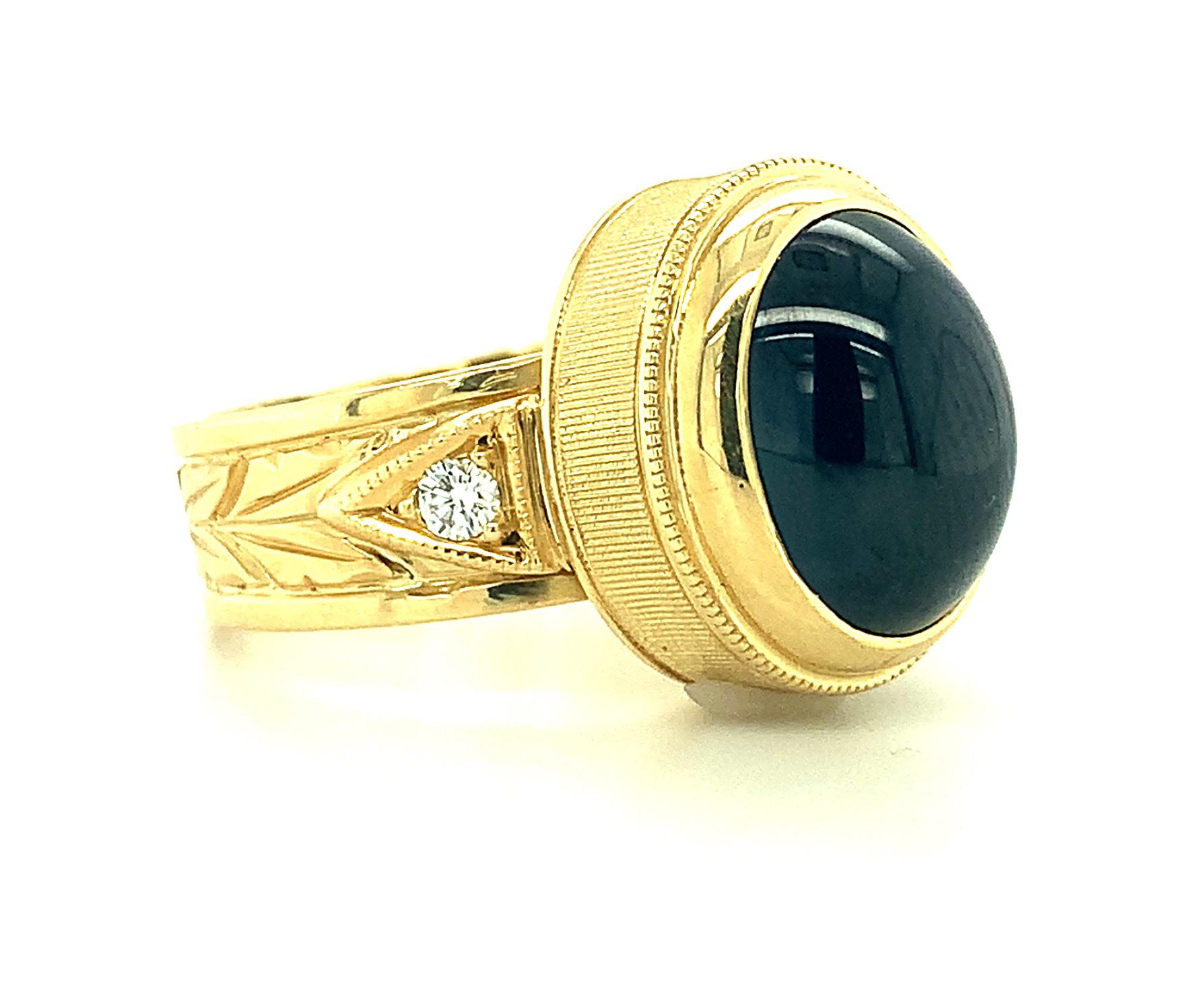 Artisan 9.06 Carat Blue Sapphire Cabochon and Diamond Band Ring in Yellow Gold For Sale