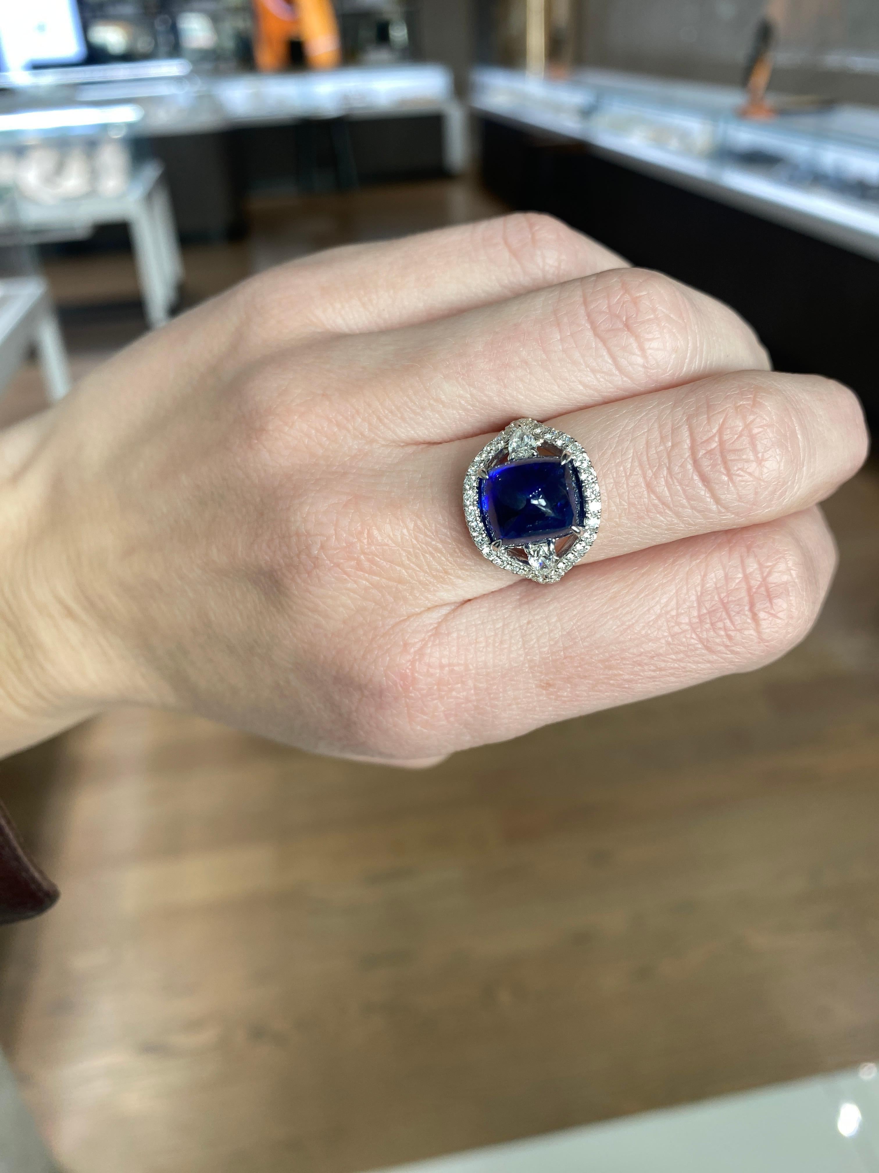 9.06 Carat Cabochon Sugar Loaf Natural Blue Sapphire and Diamond Cocktail Ring  For Sale 8