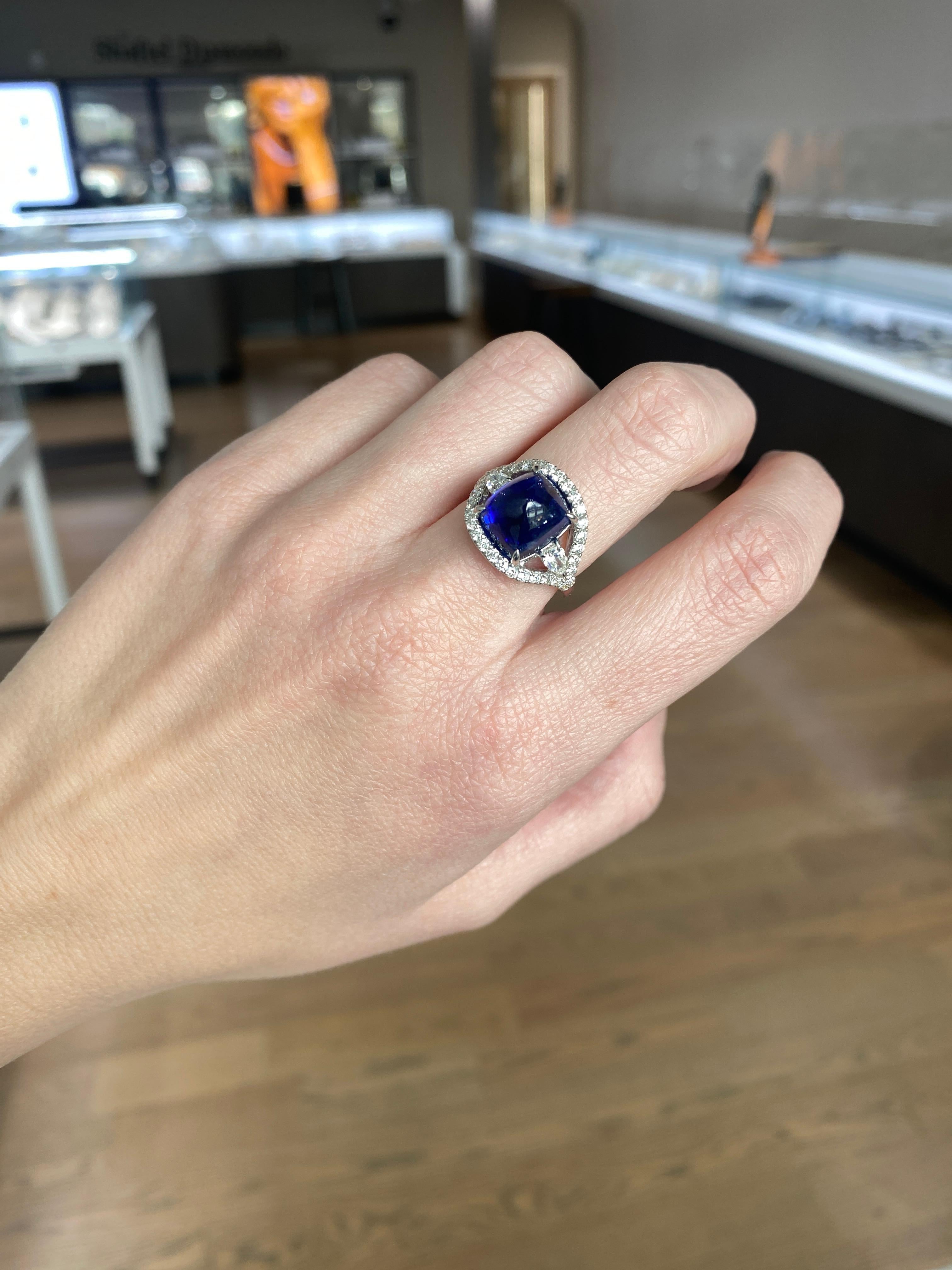 9.06 Carat Cabochon Sugar Loaf Natural Blue Sapphire and Diamond Cocktail Ring  For Sale 14