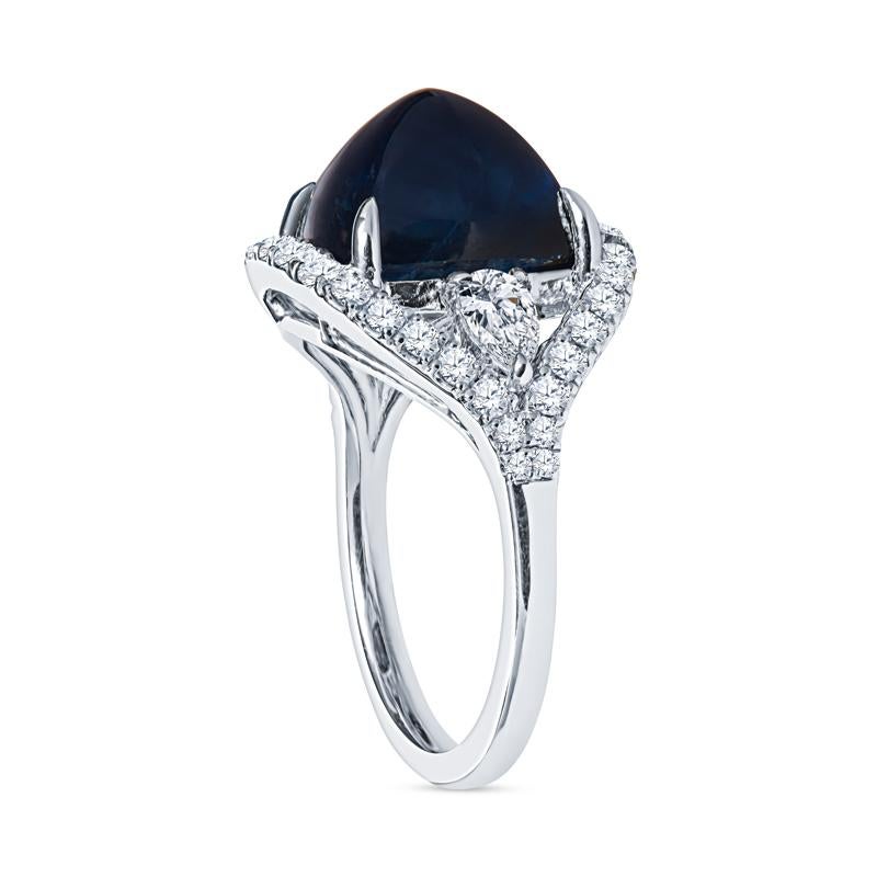 Sugarloaf Cabochon 9.06 Carat Cabochon Sugar Loaf Natural Blue Sapphire and Diamond Cocktail Ring  For Sale