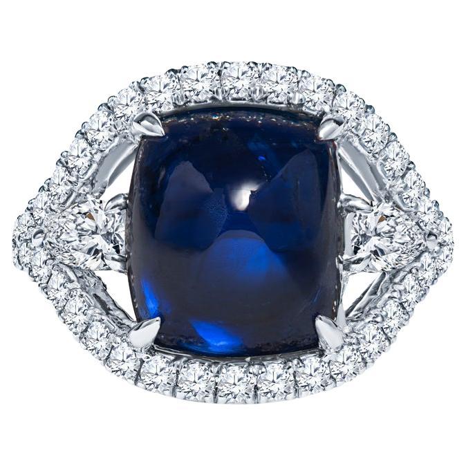 9.06 Carat Cabochon Sugar Loaf Natural Blue Sapphire and Diamond Cocktail Ring 