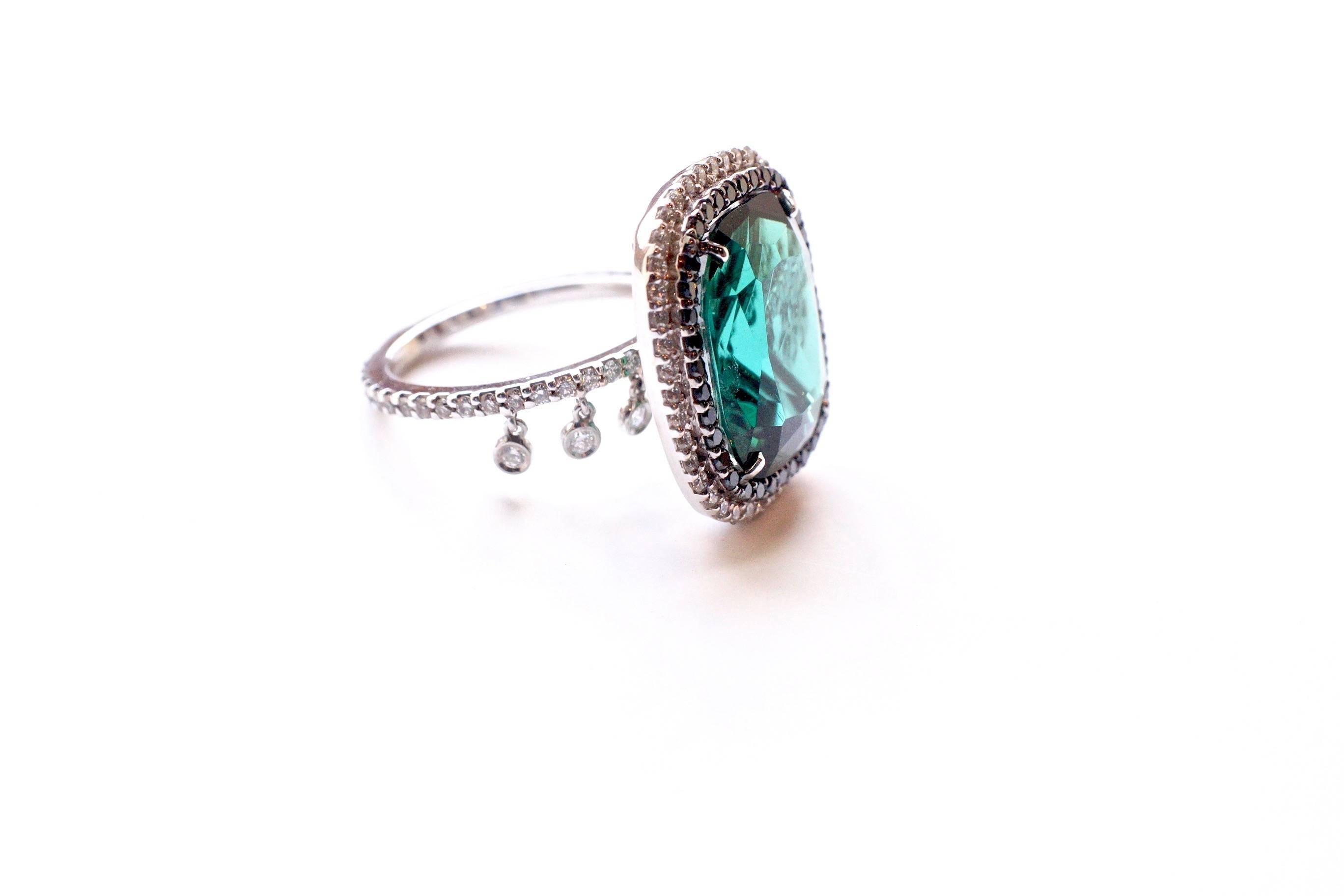 Cushion Cut 9.06 Carat Green Tourmaline and Diamond Shimmee Ring