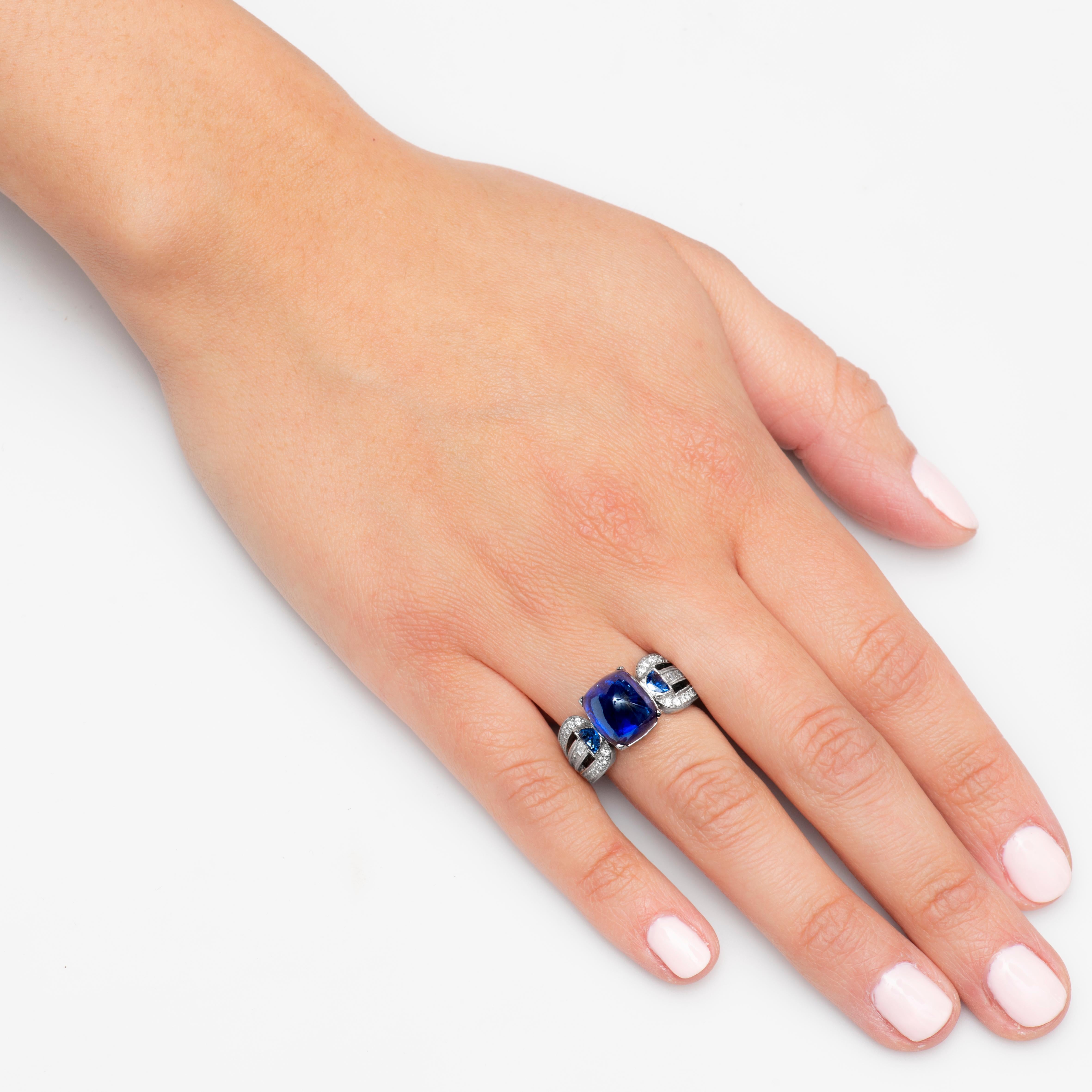 Cushion Cut 9.06 Carat Sugarloaf Cabochon Natural Blue Sapphire Ring with Diamond Accents