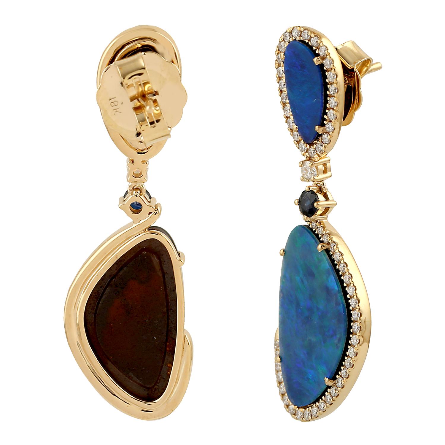 Contemporary 9.06 ct Ethiopian Opal Dangle Earrings With Sapphire & Diamonds In 18k Gold For Sale