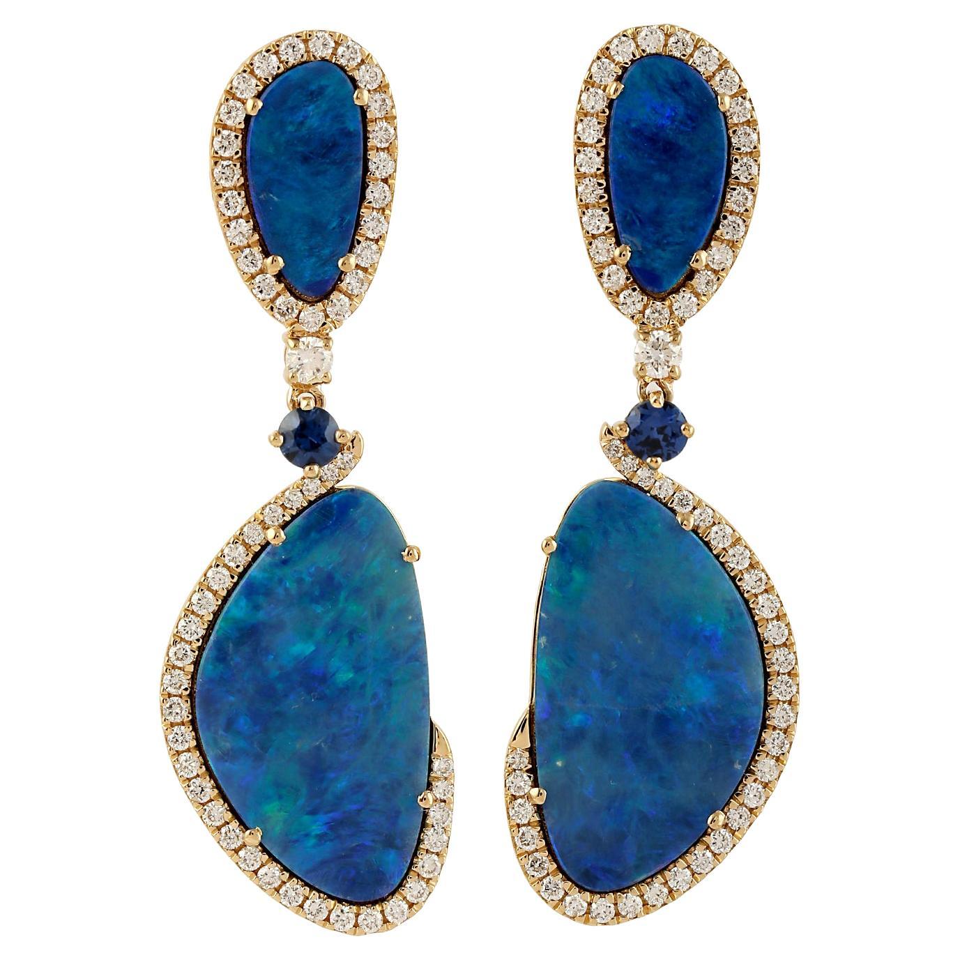 9.06 ct Ethiopian Opal Dangle Earrings With Sapphire & Diamonds In 18k Gold For Sale