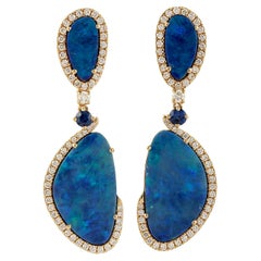 9.06 ct Ethiopian Opal Dangle Earrings With Sapphire & Diamonds In 18k Gold