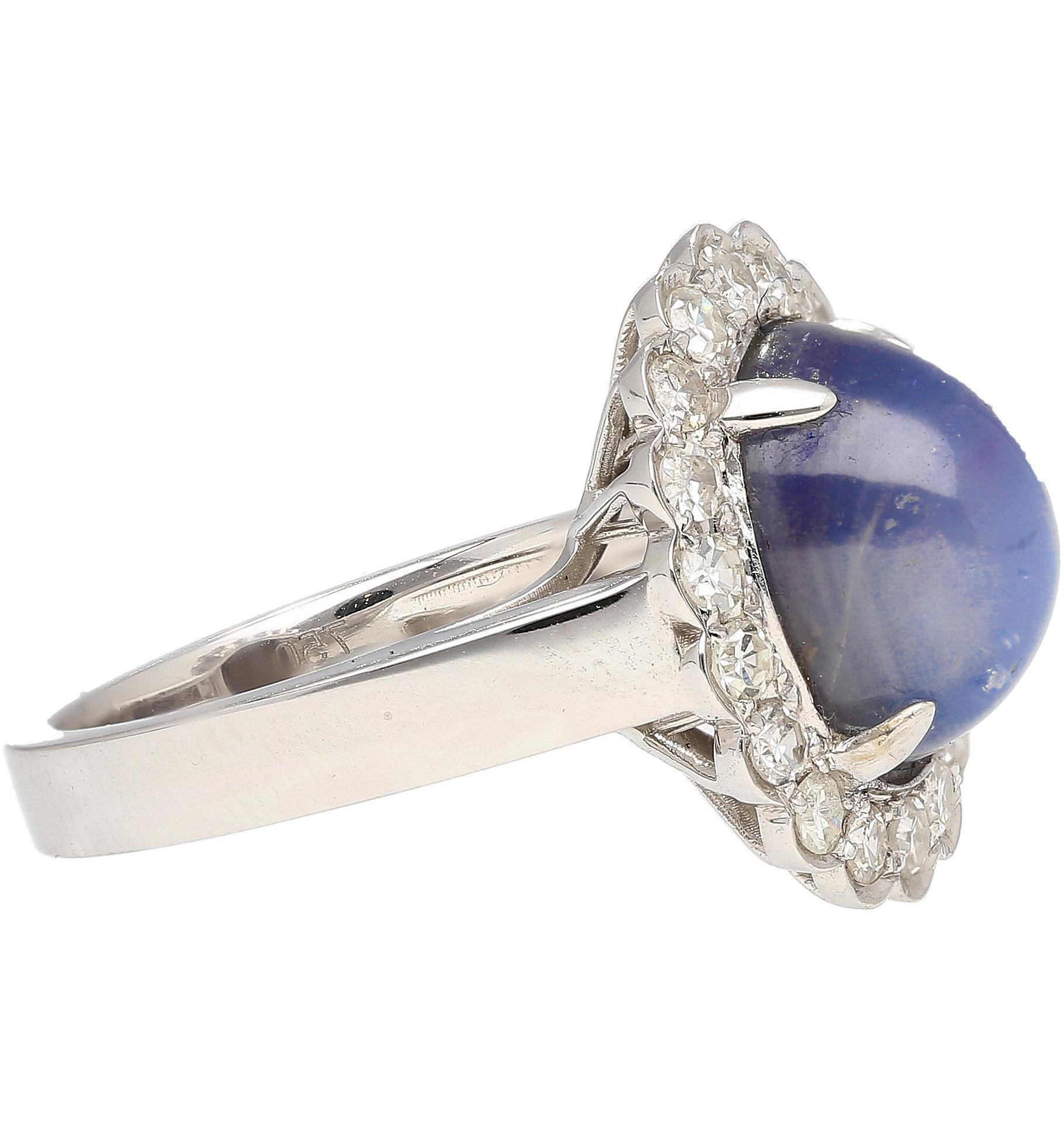 Cabochon 9.07 Carat Blue Star Sapphire & Diamond Halo Ring in 18K White Gold For Sale