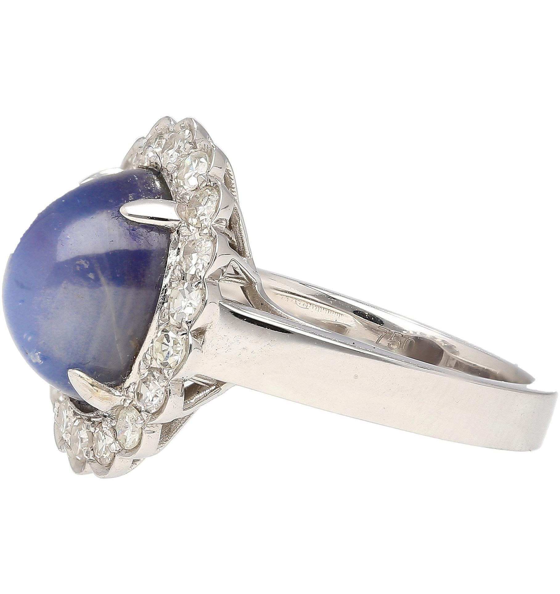 Women's 9.07 Carat Blue Star Sapphire & Diamond Halo Ring in 18K White Gold For Sale
