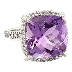 9.07 Carat Cushion Cut Amethyst Diamond White Gold Bridal Ring