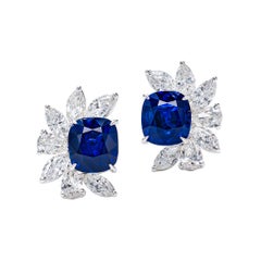 Antique 9.07 Carat Royal Blue Sapphire and Diamond Earrings in 18K Gold