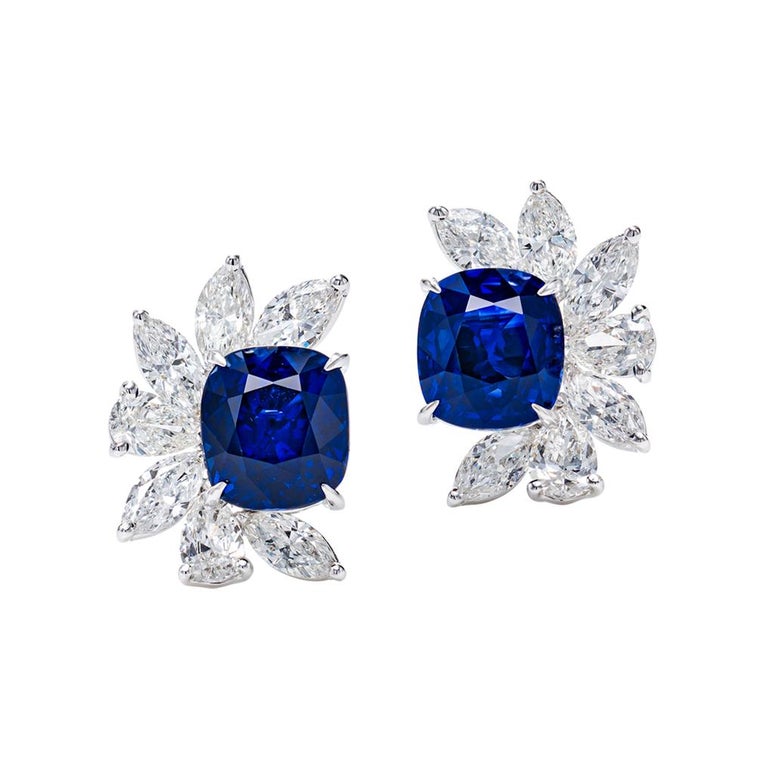 9.07 Carat Royal Blue Sapphire and Diamond Earrings in 18K Gold For Sale