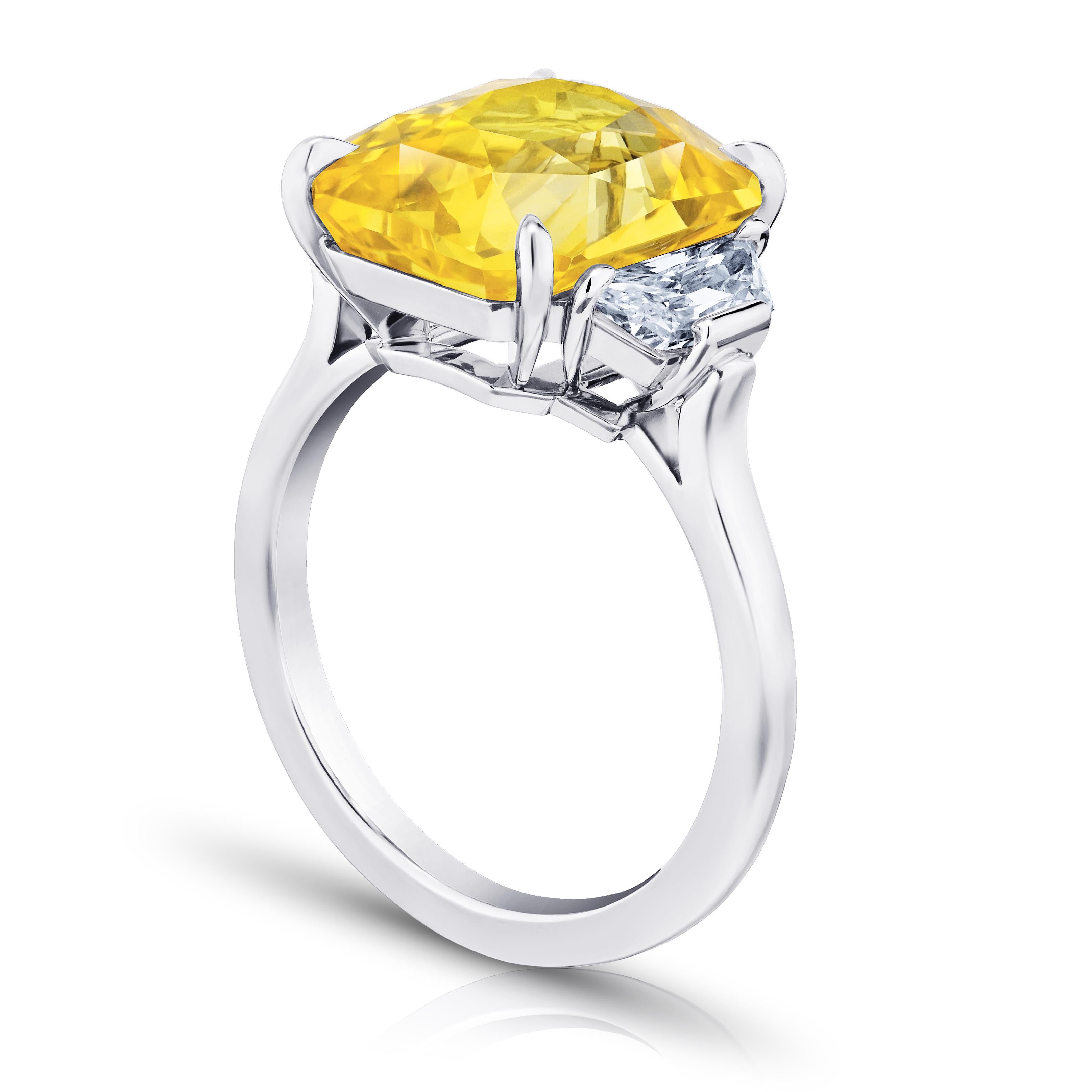 9.08 CT Radiant Yellow Sapphire with Trapezoid Diamonds 0.82 carats set in a Platinum Ring