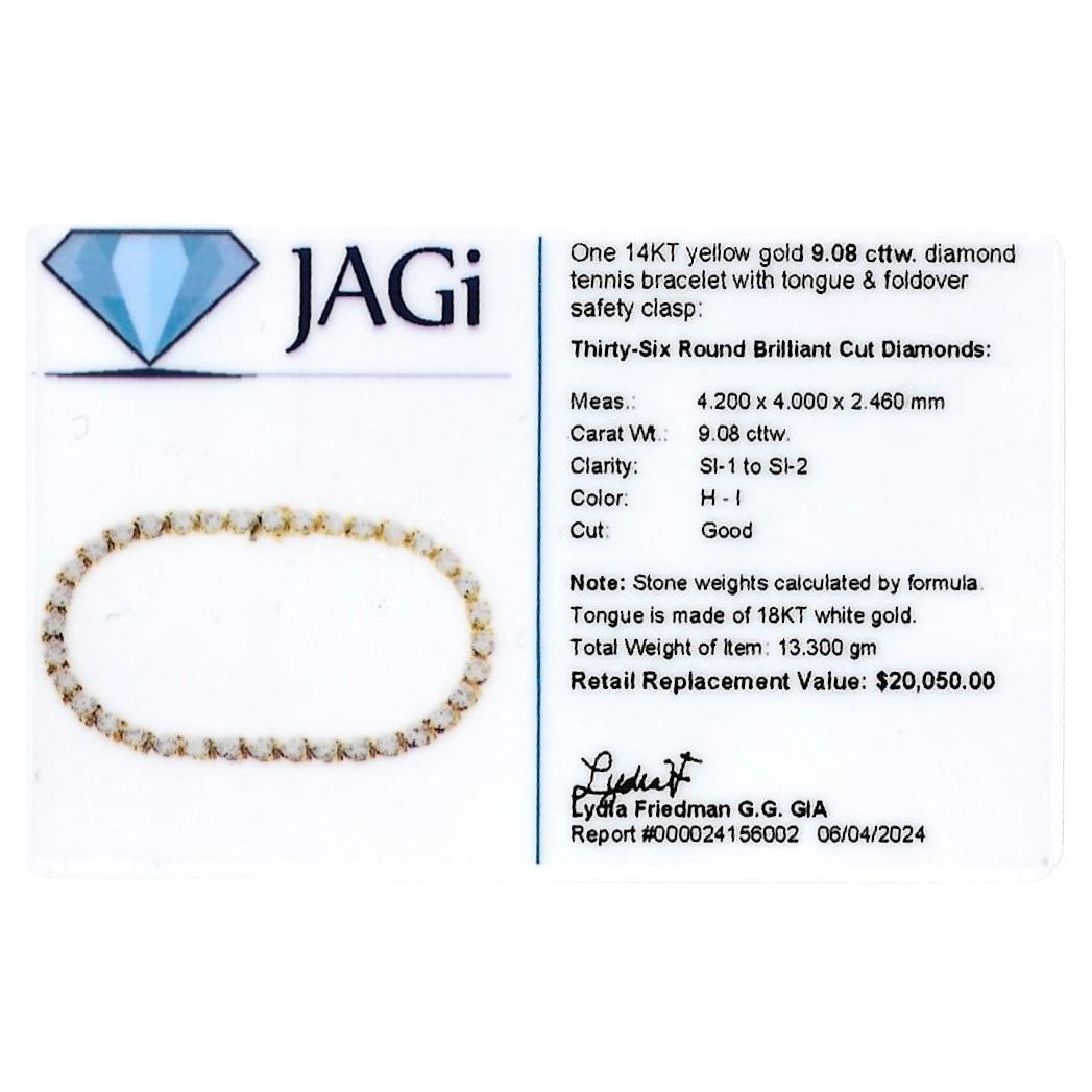 Bracciale da tennis con diamanti tondi e brillanti da 9,08 carati in oro giallo 14 carati in vendita 4