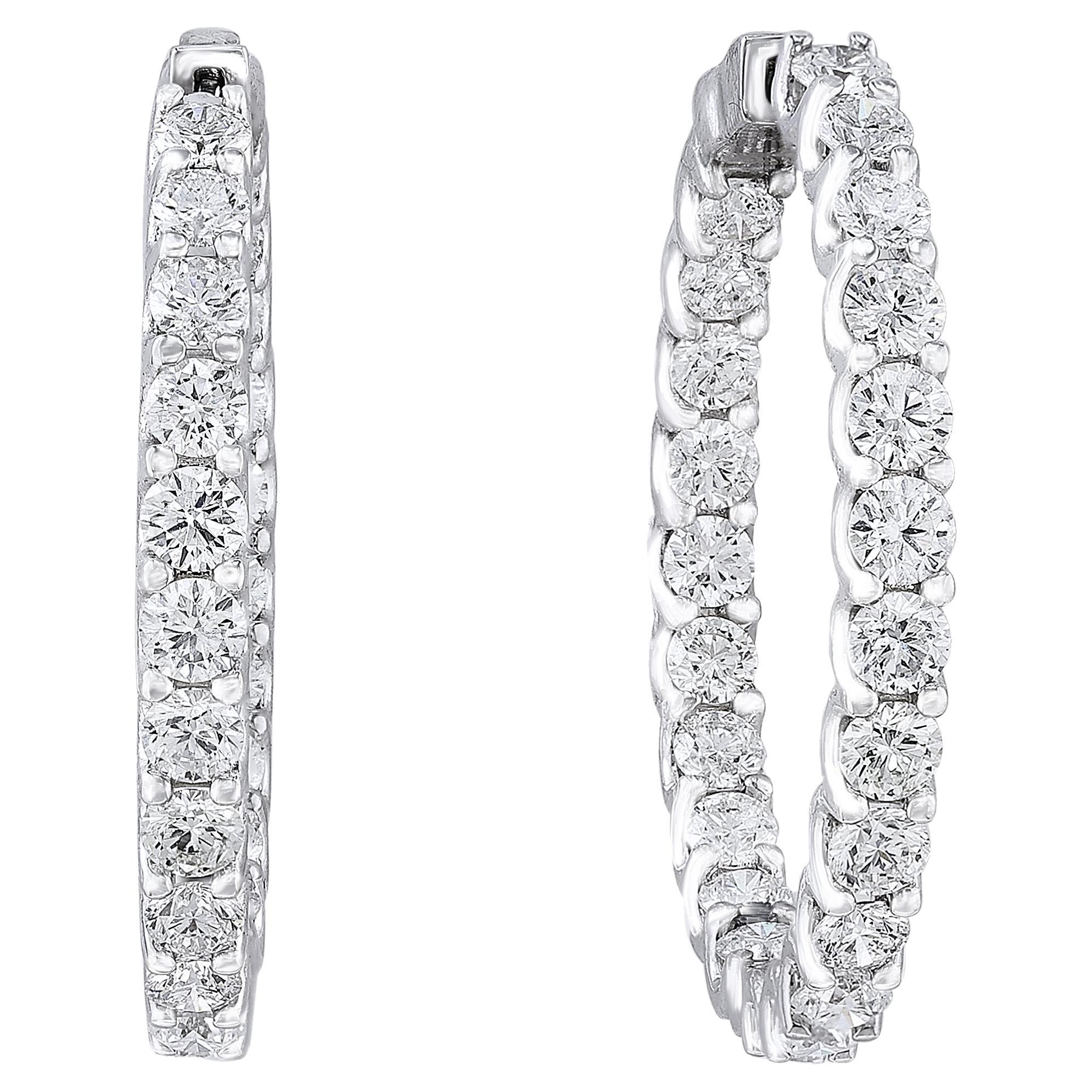 9.08 Carat Round Cut Diamond Hoop Earrings in 14K White  Gold For Sale