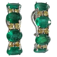 9.08 Carats, Natural Zambian Emeralds & Yellow Diamonds Half Hoop Earrings