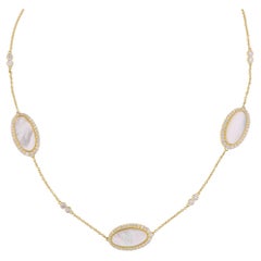 9.08 TCW Nacre Diamond Halo Station Chain Necklace 14K Yellow Gold