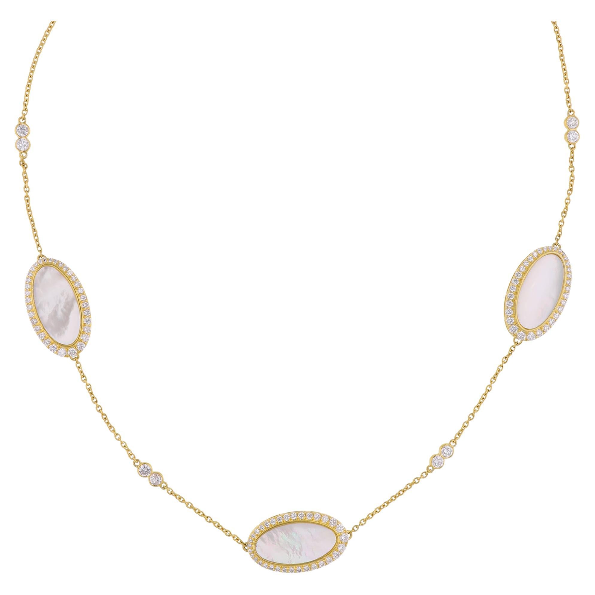 9.08 TCW Mother Of Pearl Diamond Halo Station Chain Necklace 18K Yellow Gold