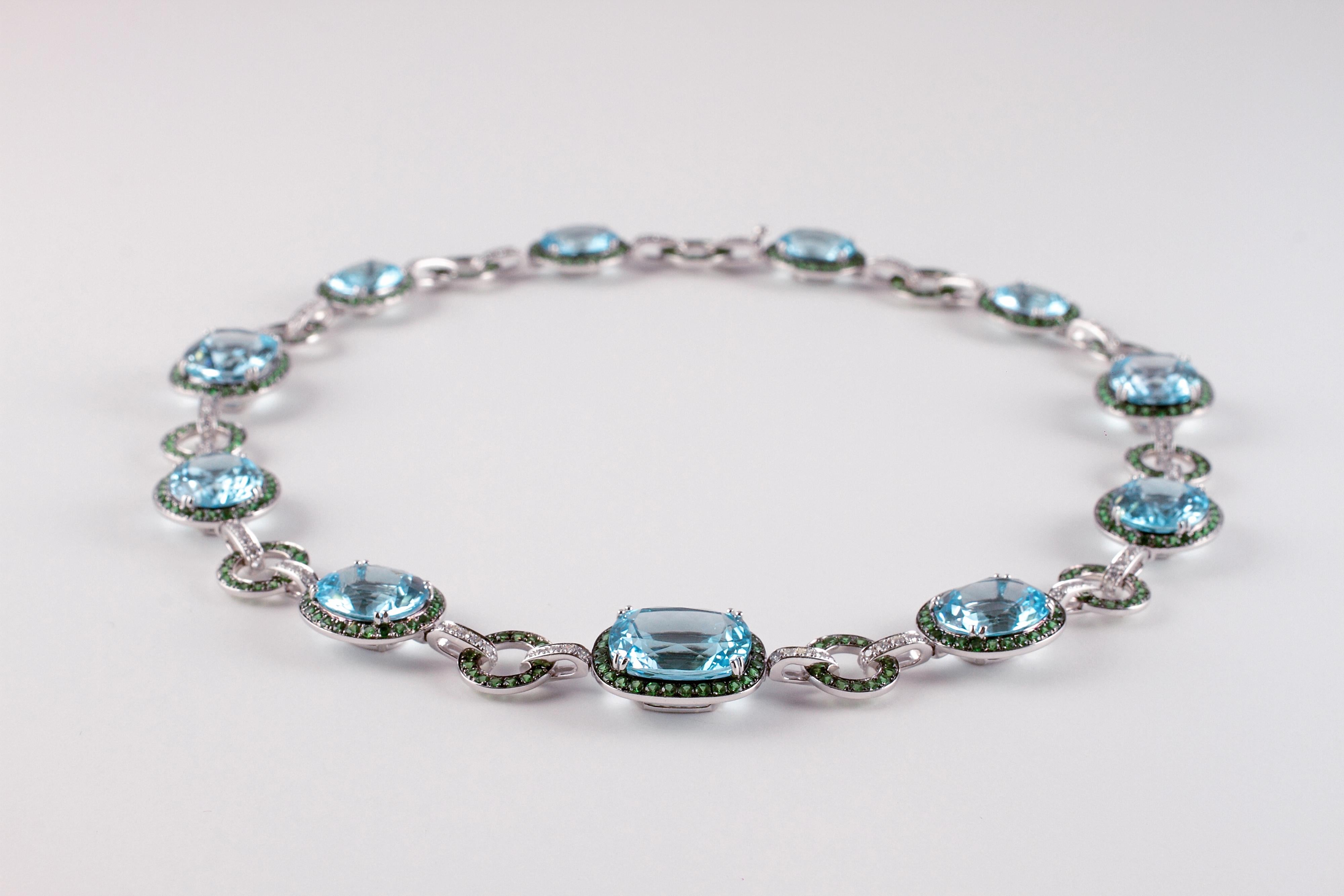 90.84 Carat Blue Topaz 9.00 Carat Tsavorite 2.25 Carat Diamond Necklace In Good Condition In Dallas, TX