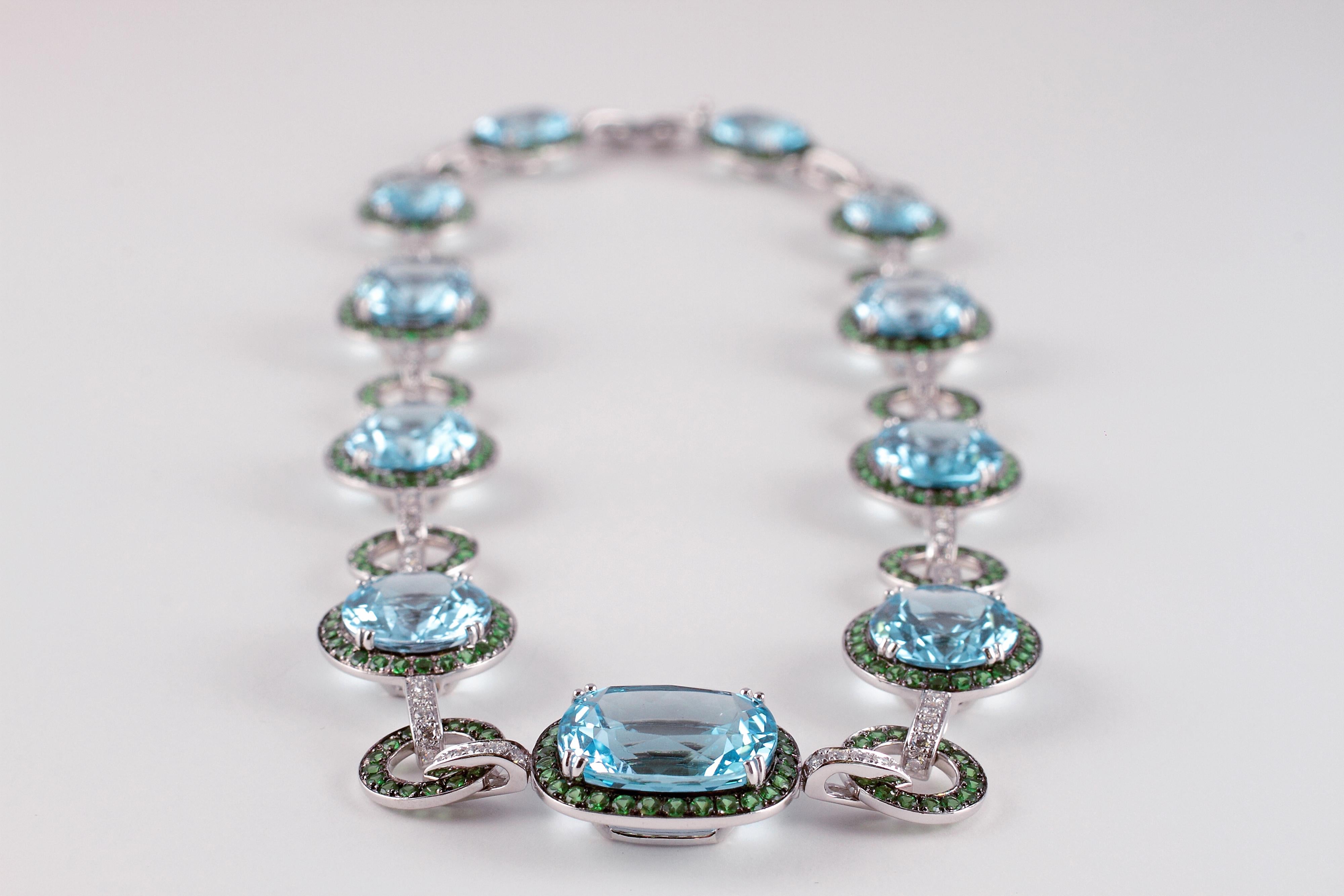 Women's or Men's 90.84 Carat Blue Topaz 9.00 Carat Tsavorite 2.25 Carat Diamond Necklace