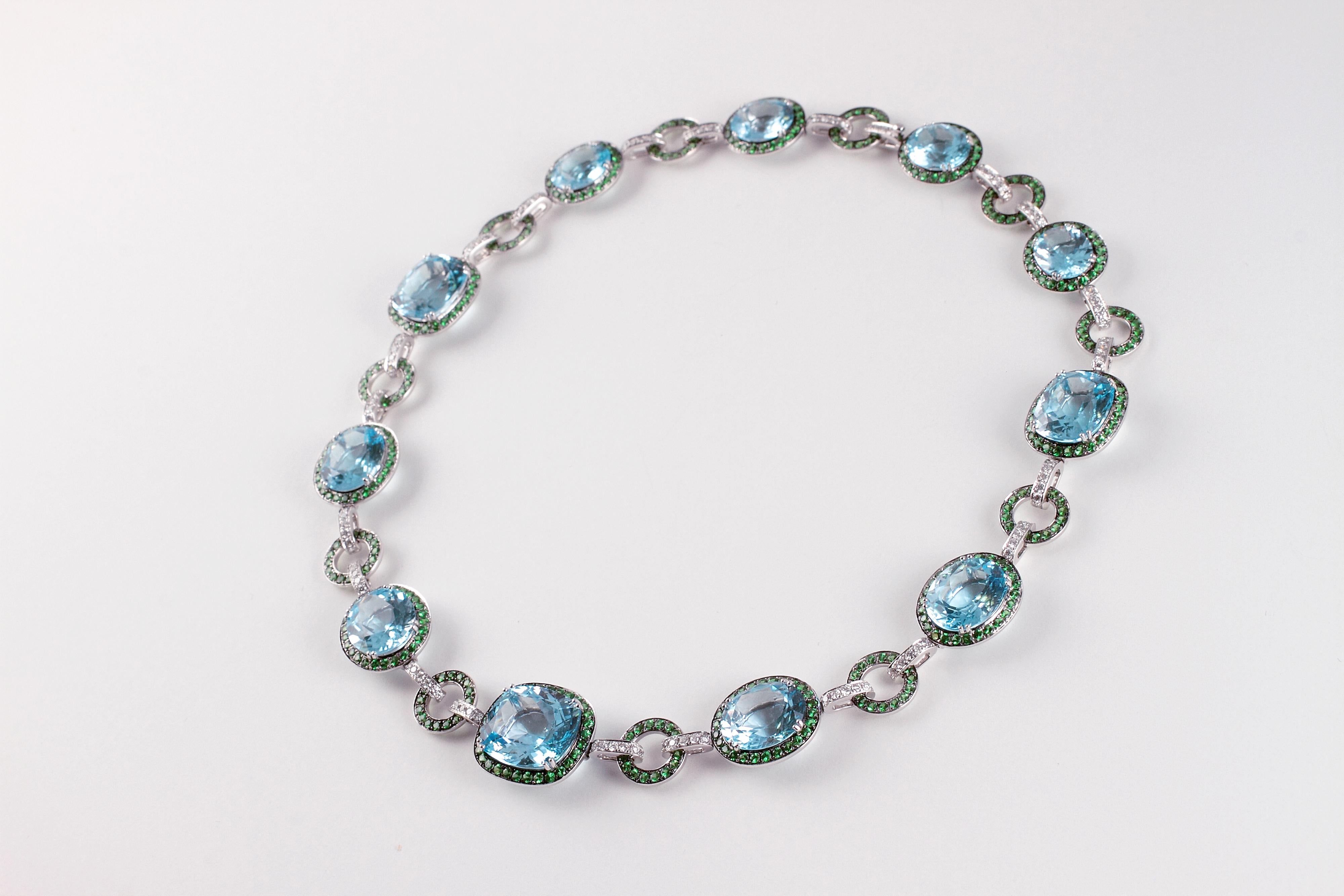 90.84 Carat Blue Topaz 9.00 Carat Tsavorite 2.25 Carat Diamond Necklace 1