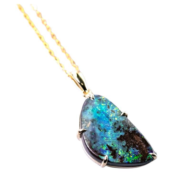 9.08ct Australian Boulder Opal Pendant Necklace 14K Yellow Gold