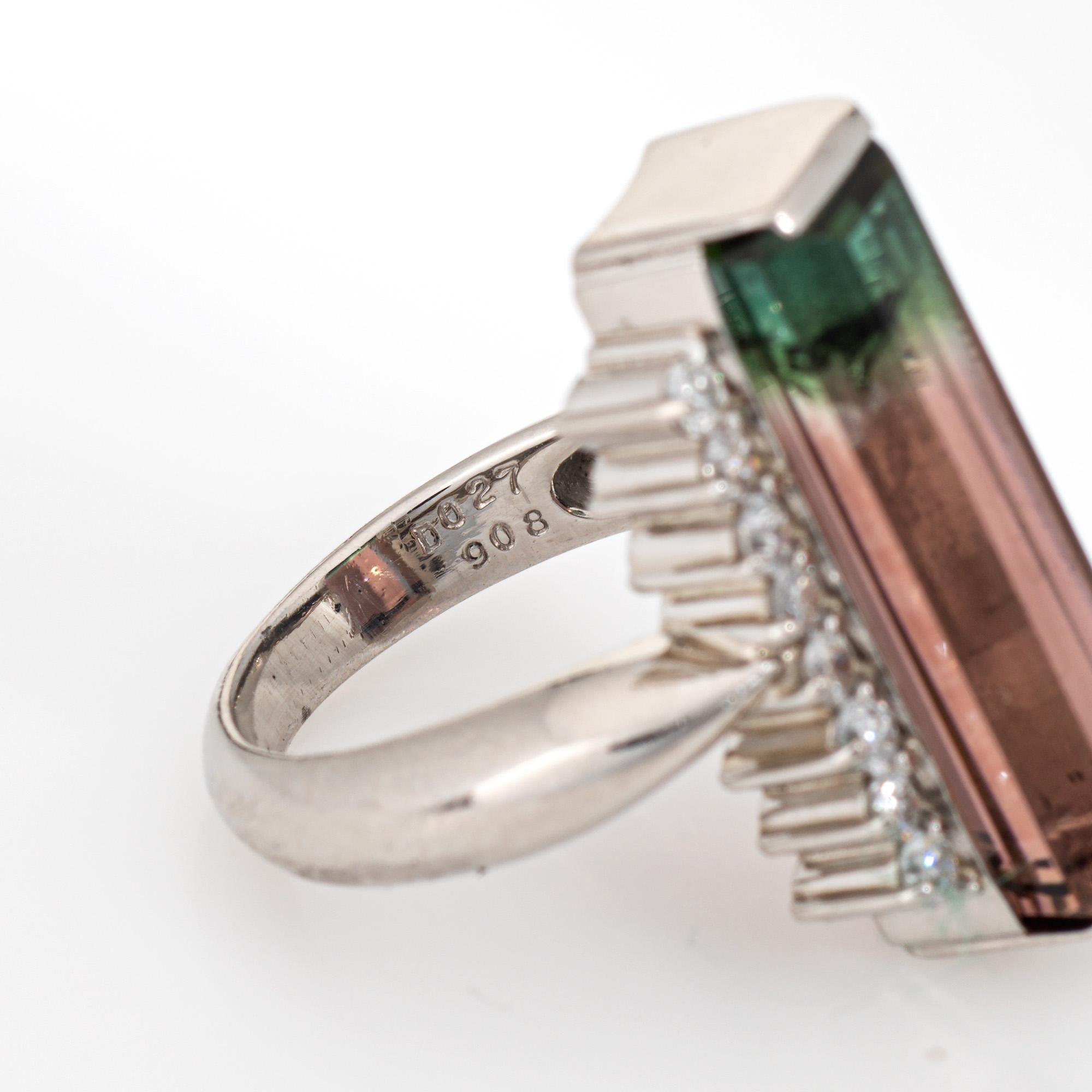Square Cut 9.08ct Bi Color Watermelon Tourmaline Ring Elongated Sz 5 Estate Platinum For Sale