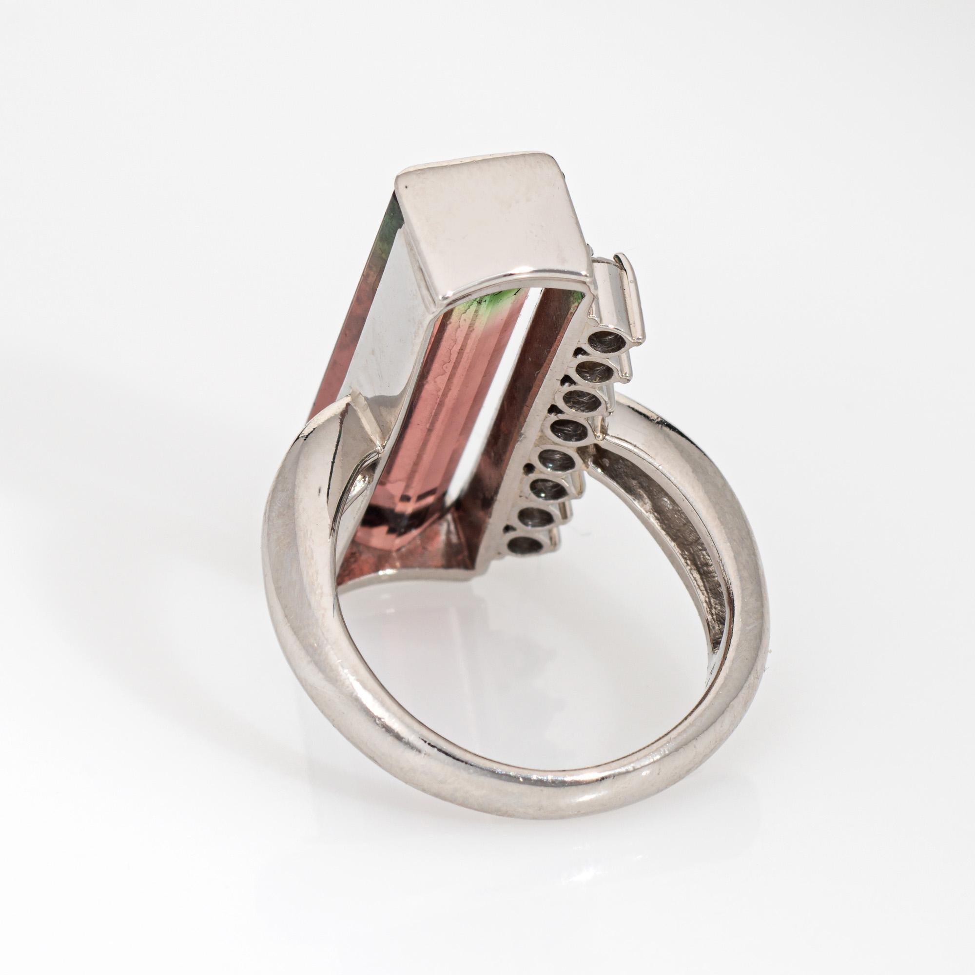9.08ct Bi Color Watermelon Tourmaline Ring Elongated Sz 5 Estate Platinum In Good Condition For Sale In Torrance, CA