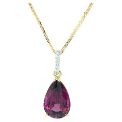 Rhodolite Garnet Pear and Diamond Drop Necklace in Yellow Gold, 9.09 Carats 
