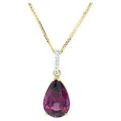 Rhodolite Garnet Pear and Diamond Drop Necklace in Yellow Gold, 9.09 Carats