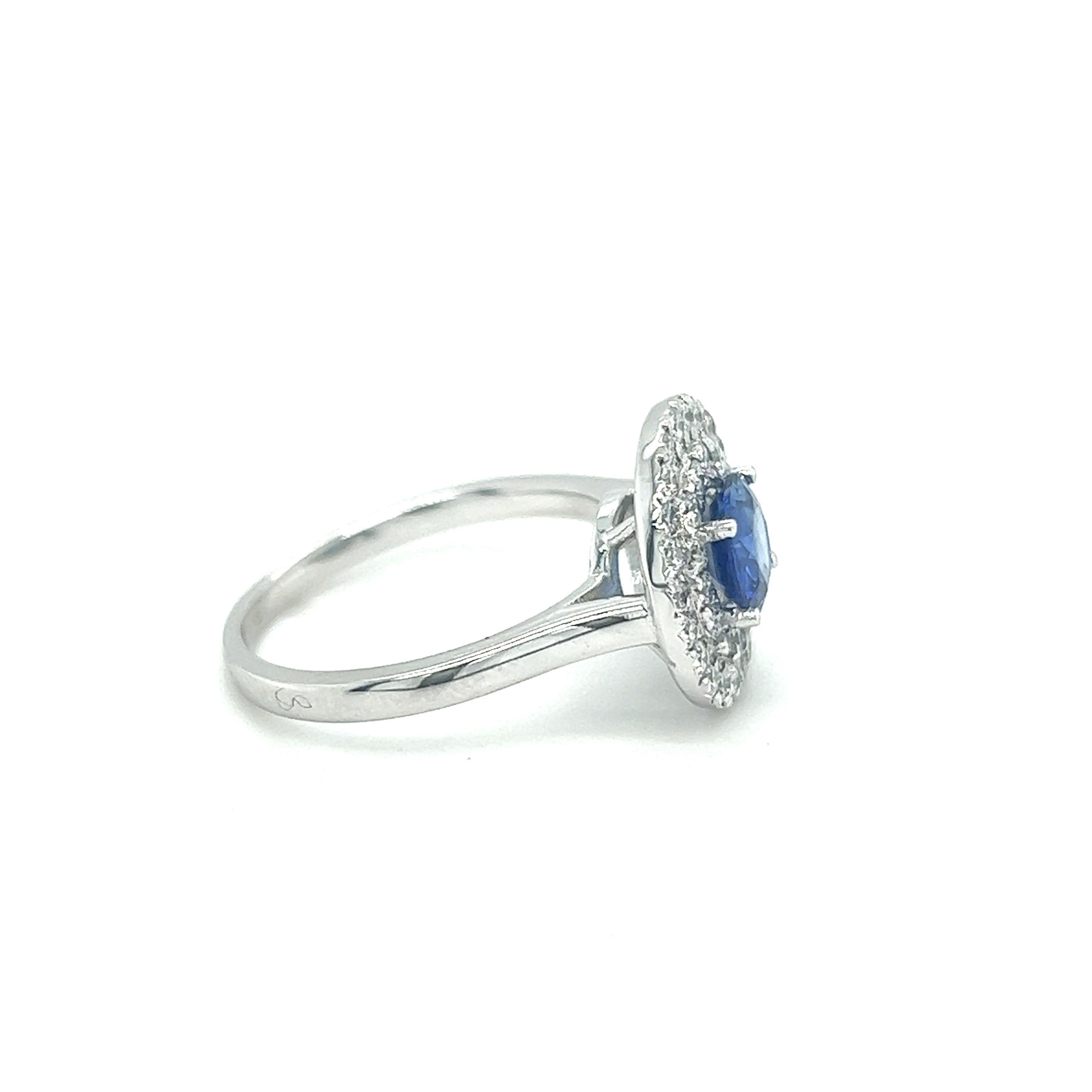 Round Cut .90 Carat Natural Sapphire with .65ct Double halo Ring For Sale