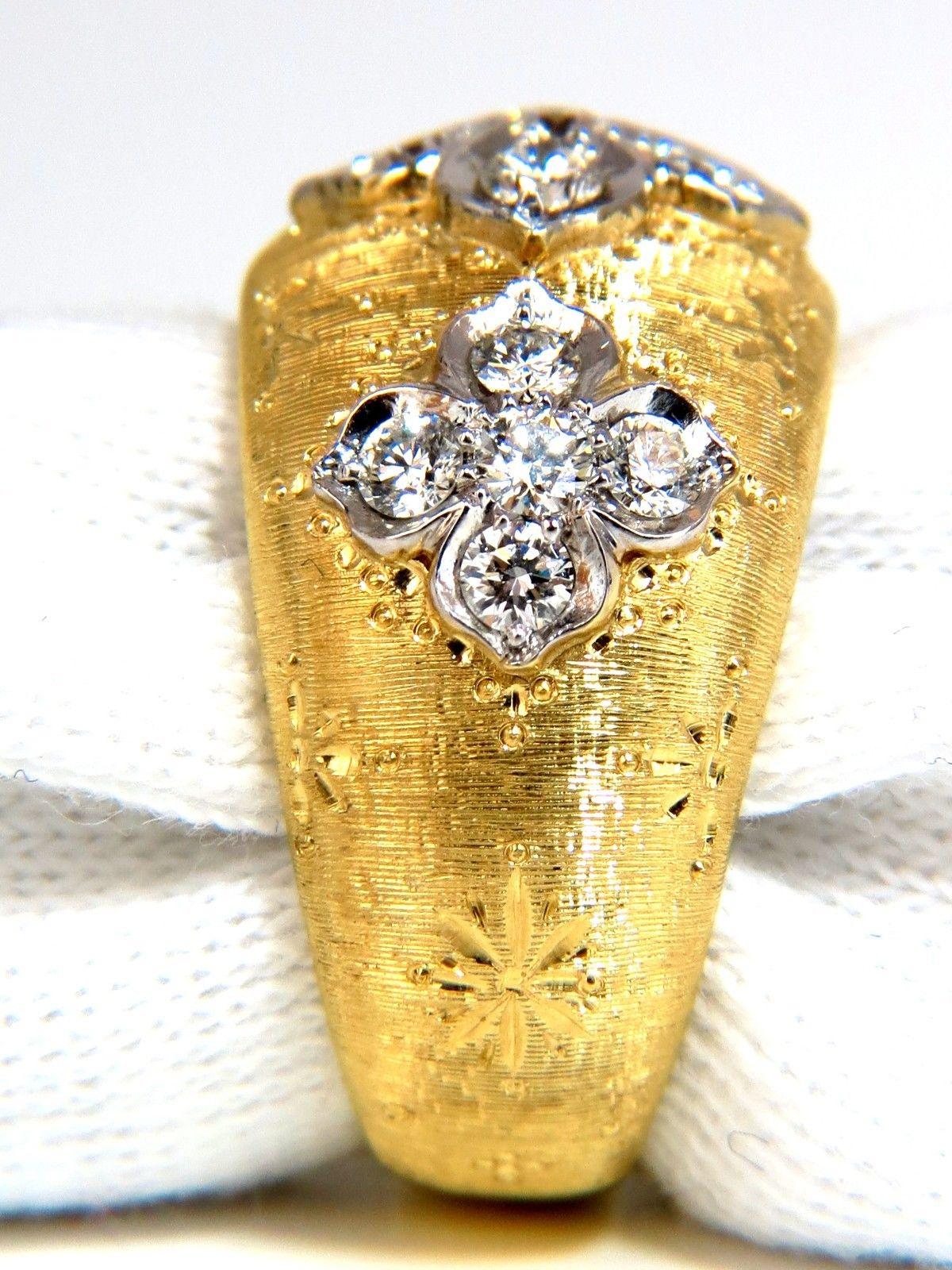 French Graver Sweep Cluster / Clover ring

.90ct. Natural Rounds diamonds ring.

Hand craftsmanship at its best.

G-color

VS-2 clarity.

18kt. Yellow gold 

12.5 Grams

Overall ring: 

.51 Inch wide

 size: 6.75

We may resize.

$5,000 appraisal