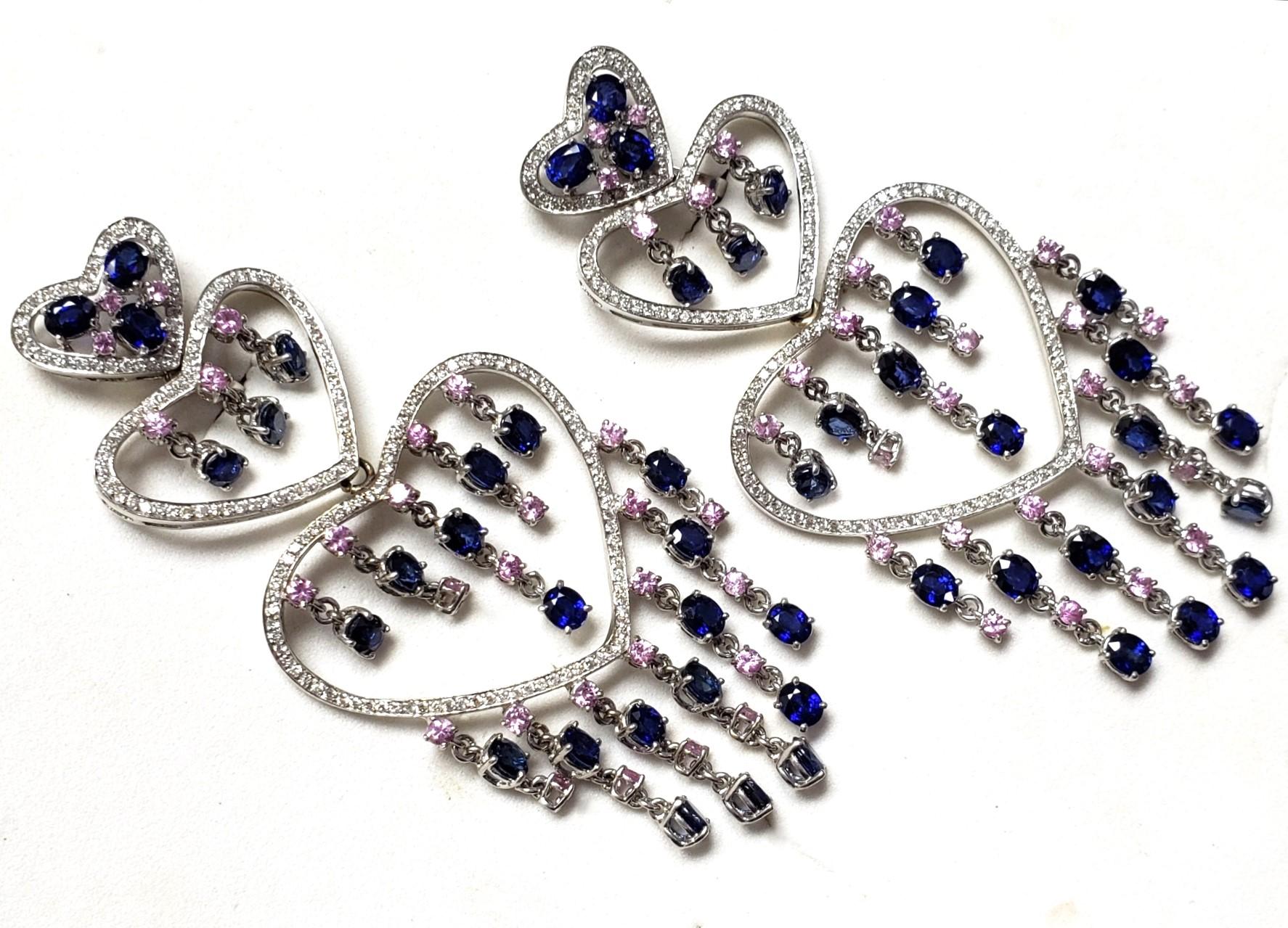 Boucles d'oreilles chandelier de 90 mm de long en saphir et diamants 18 carats 51 grammes en vente 5