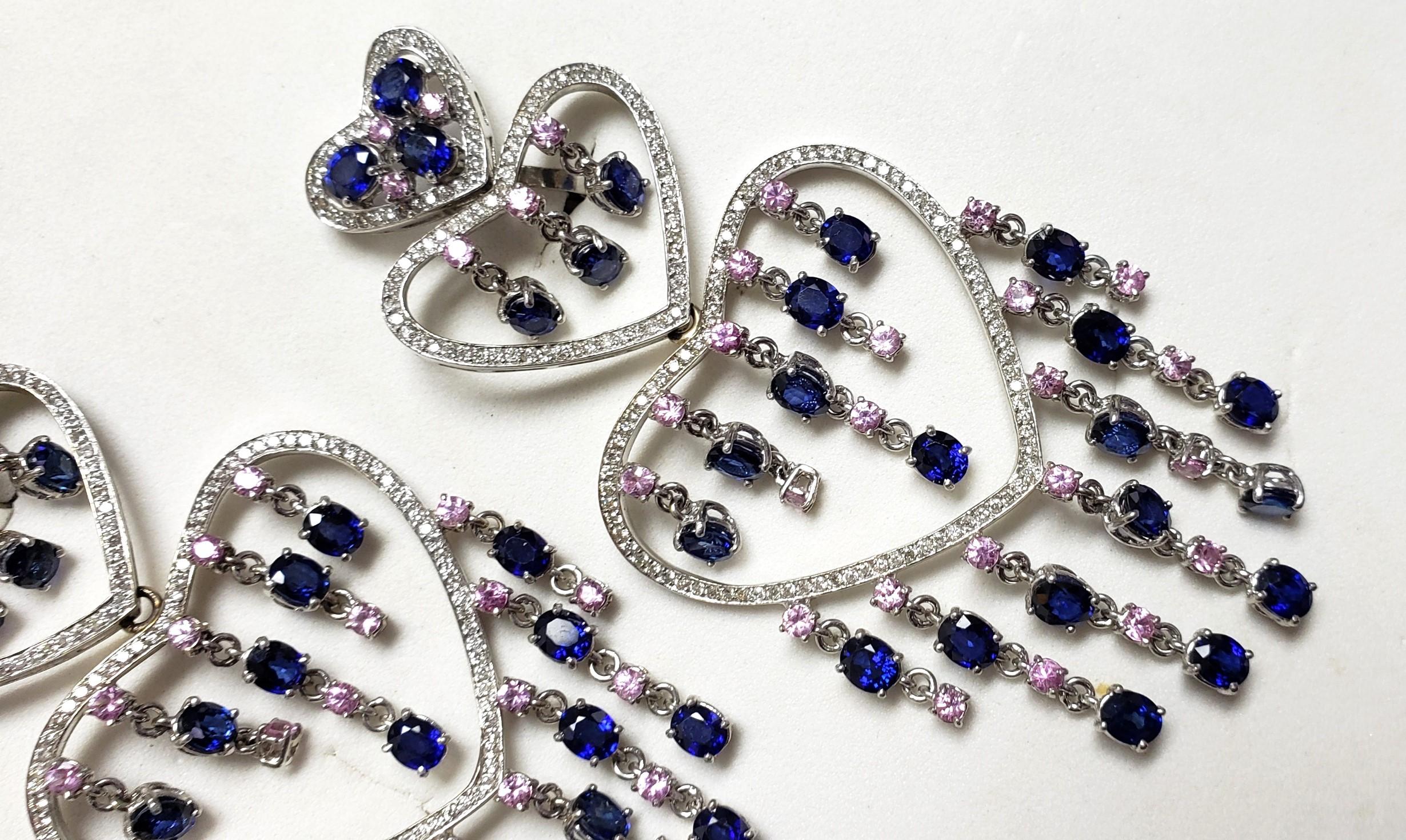 Boucles d'oreilles chandelier de 90 mm de long en saphir et diamants 18 carats 51 grammes en vente 8