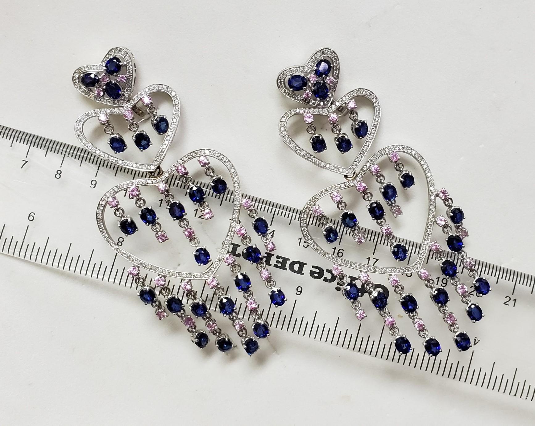 Boucles d'oreilles chandelier de 90 mm de long en saphir et diamants 18 carats 51 grammes en vente 9