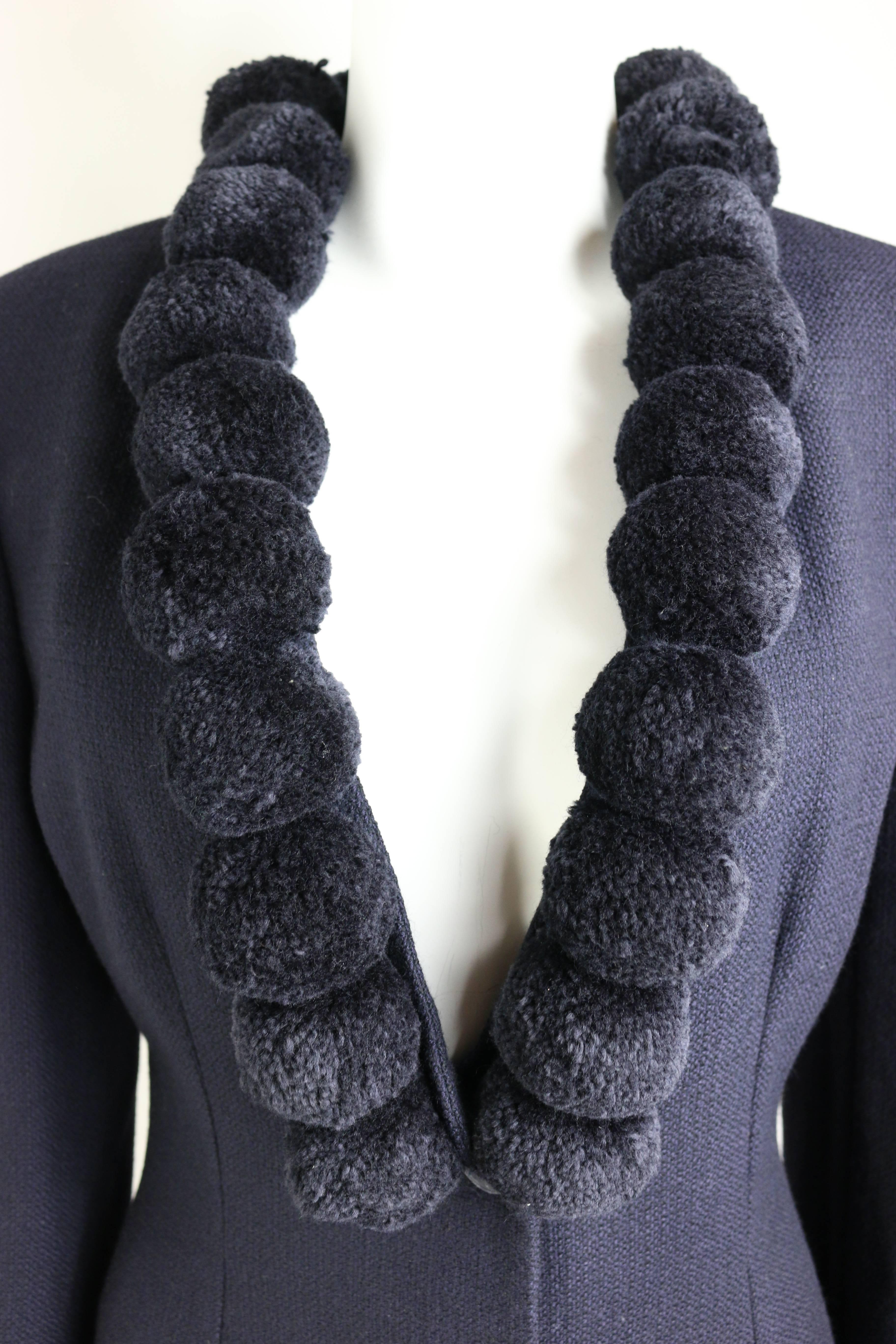 - Alberta Ferretti navy shawl collar pom bouclé jacket. 

- Featuring one button and two pockets. 

- Height: 80cm I Bust: 30cm I Waist: 70cm I Sleeve: 59cm I Shoulder: 13cm 