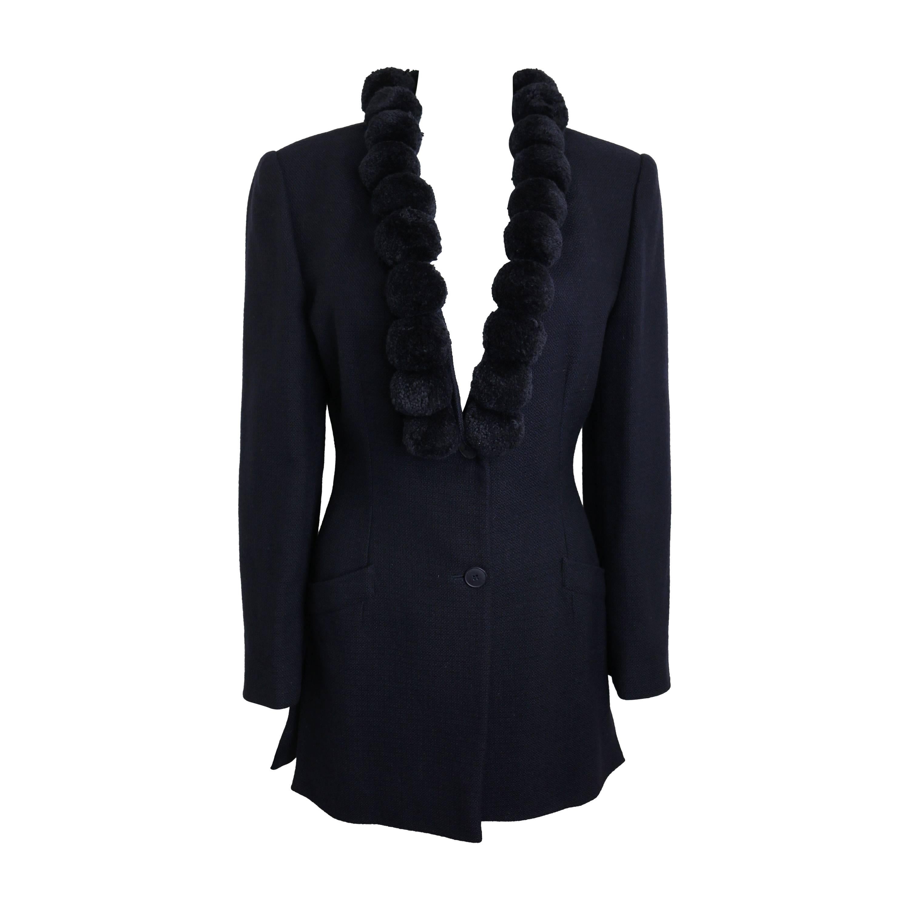 90s Alberta Ferretti Navy Pom Bouclé Jacket For Sale