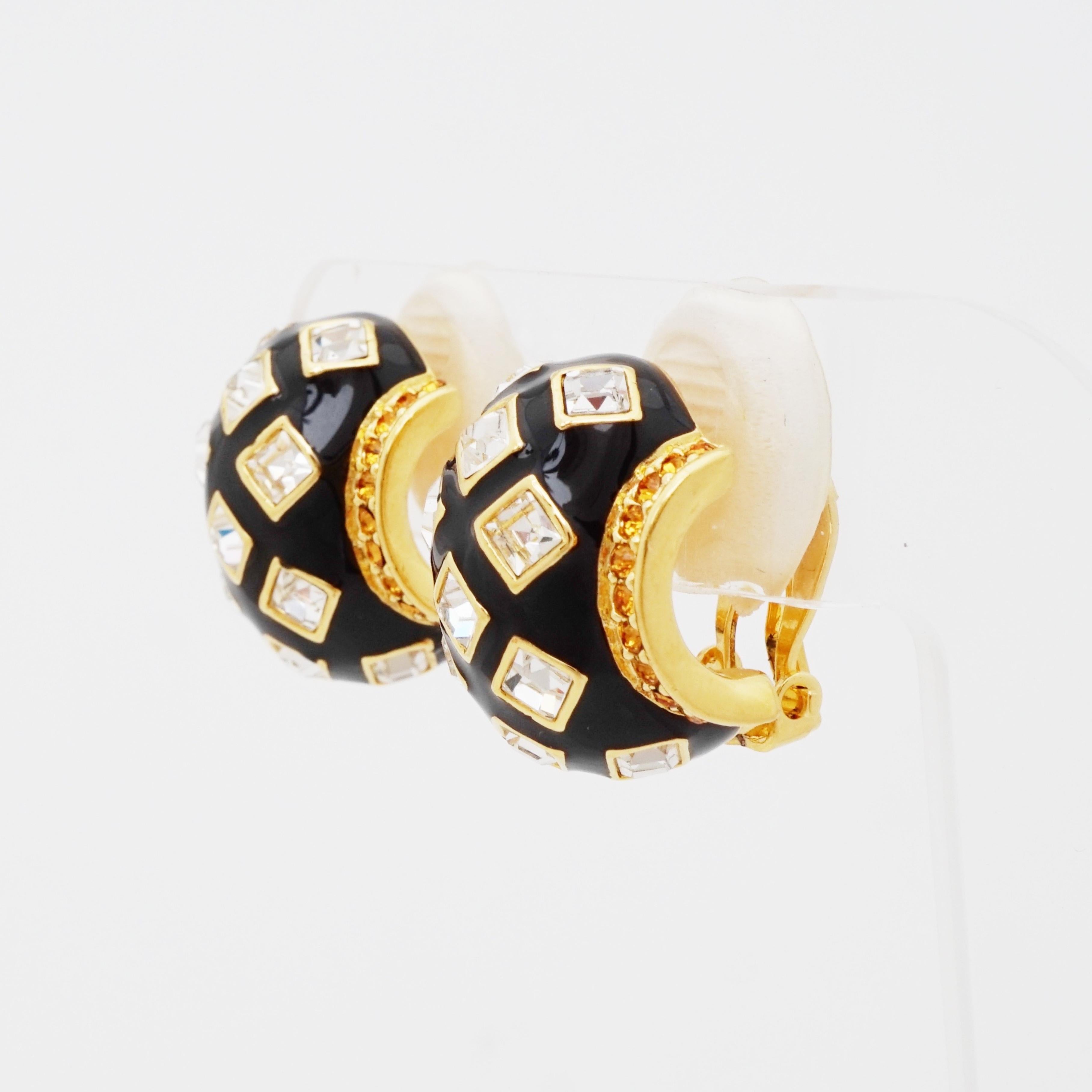 Modern 90s Black Enamel Chunky Half Hoop Earrings With Crystal Accents By Joan Rivers For Sale
